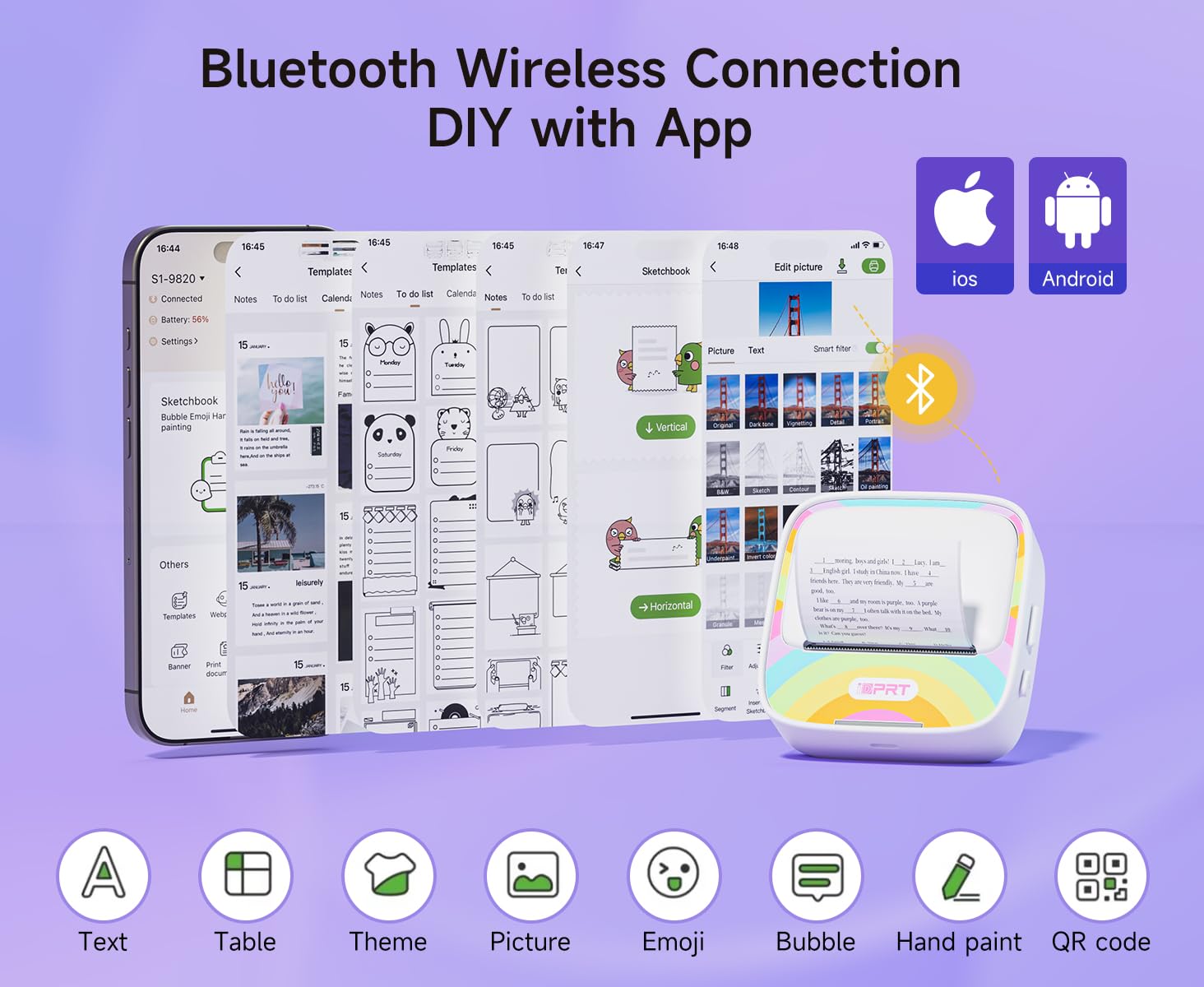 iDPRT Sticker Printer, Portable Sticker Maker Machine, Mini Inkless Bluetooth Thermal Printer for iPhone & Android, Pocket Printer for Labels, Barcodes, DIY Journaling, Kids Gift, Gray: Multicoloured