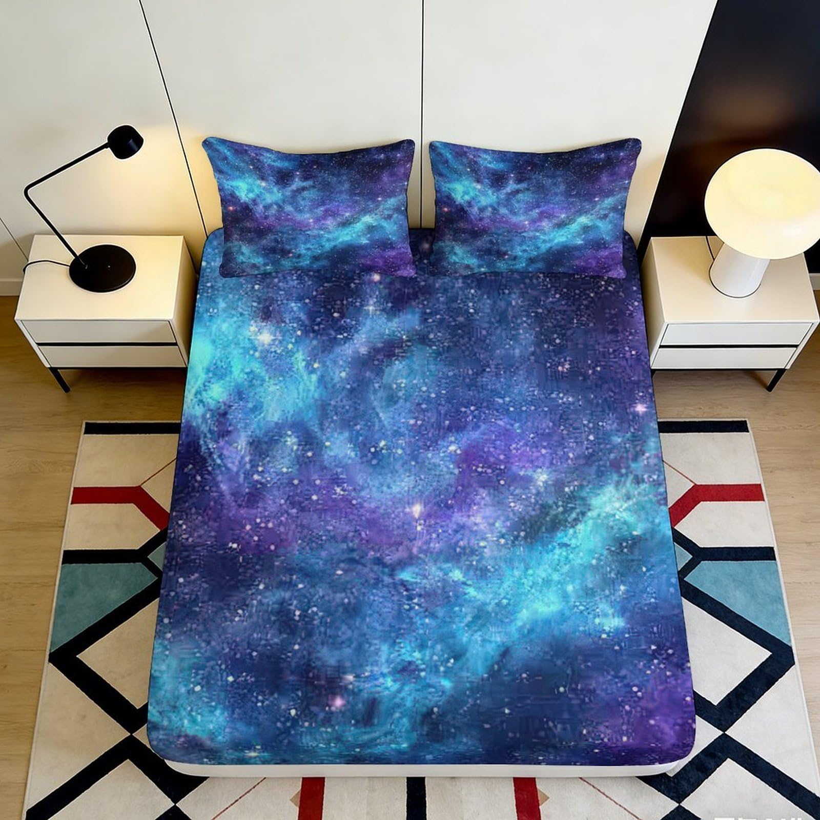 3D Printed Galaxy Pattern Fitted Sheet Microfiber Deep Pocket Non-Slip Bedroom Bedding Nebula Mattress Fitted Cover for Adults Teens 200x200x25cm 90x200x25cm