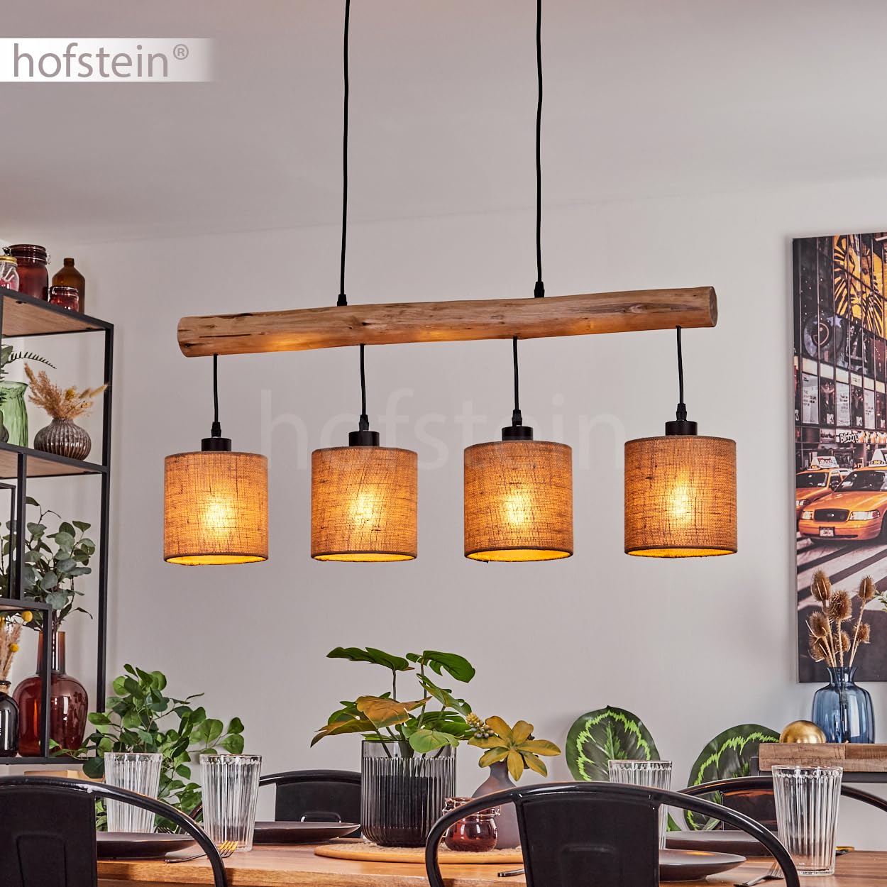 HOFSTEIN Pendelleuchte Soungou, moderne Hängelampe aus Holz/Metall/Leinen in Natur/Schwarz/Beige, 4-flammige Hängeleuchte im skandinavischen Design, Höhe max. 135 cm, 4 x E27, Esszimmer, Wohnzimmer