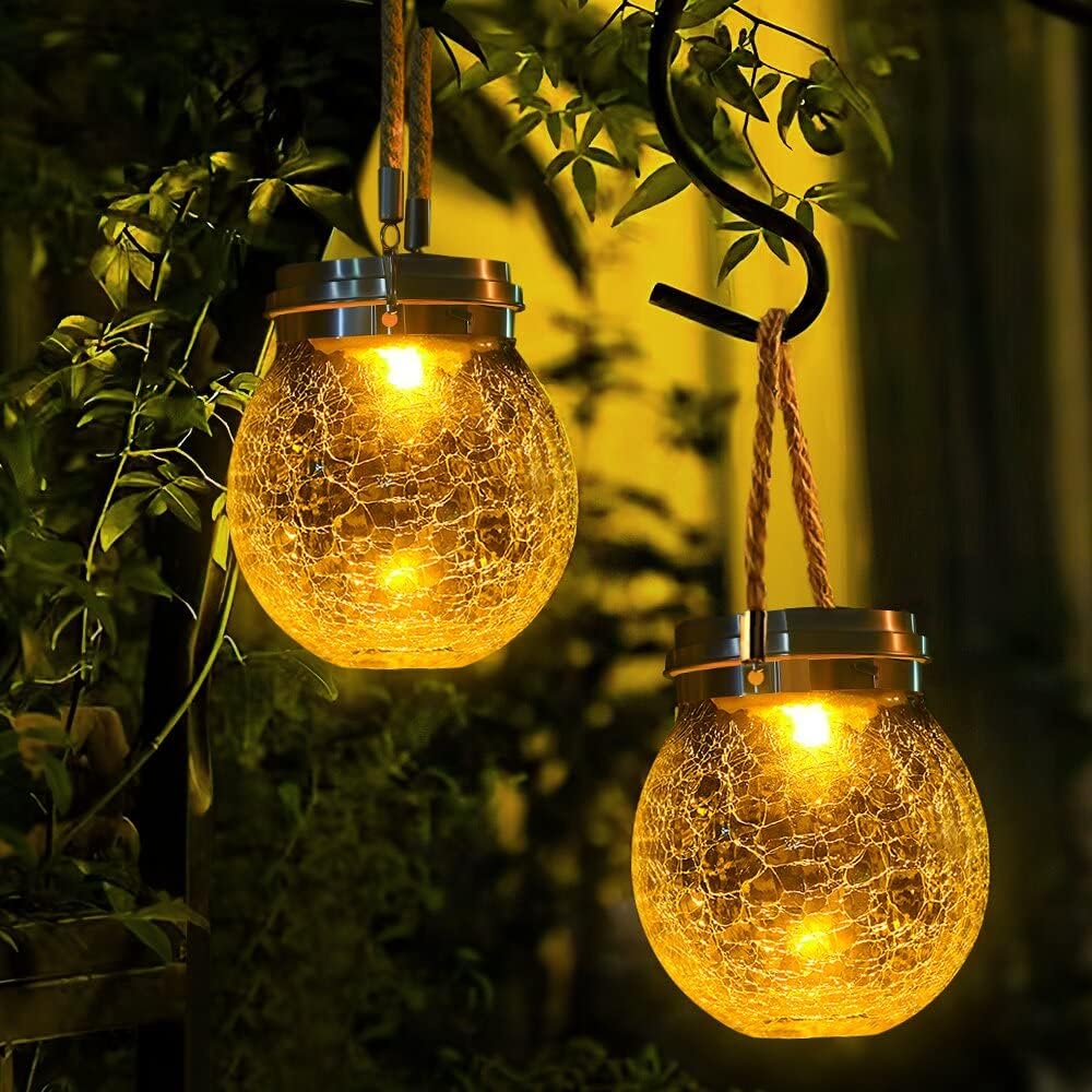 DBF Solar Lanterns Outdoor Waterproof, 4 Pack Hanging Solar Lights Outdoor Garden Decor, Amber Warm & RGB LED Globe Cracked Glass Ball Lantern for Yard Tree Fence Patio Porch Events Deck Pathway