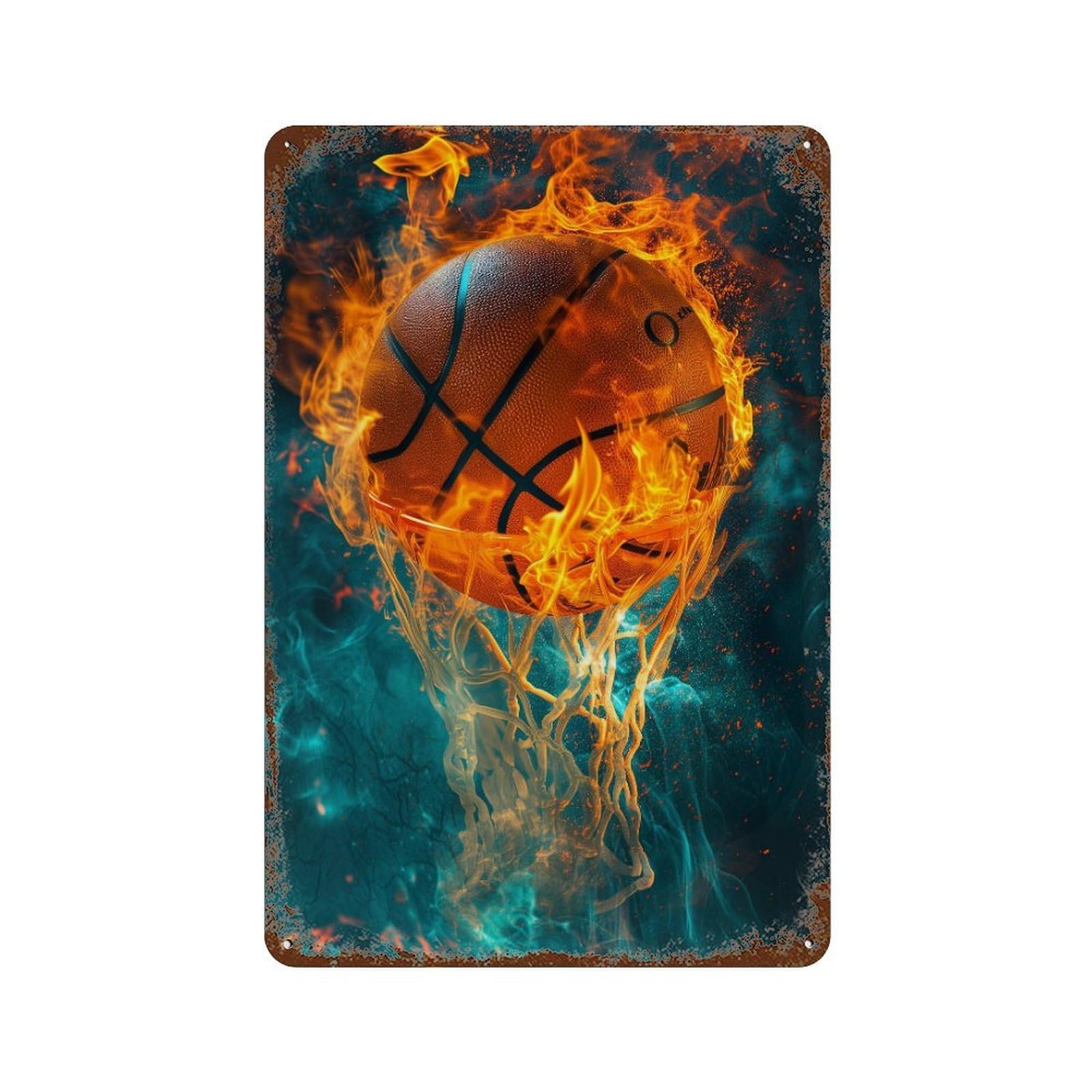 Garage Style Flaming Basketball Slam Dunk Aged Metal Wall Plaque 11.8"x7.9", Novelty Wall Decor for Bar And Workshop