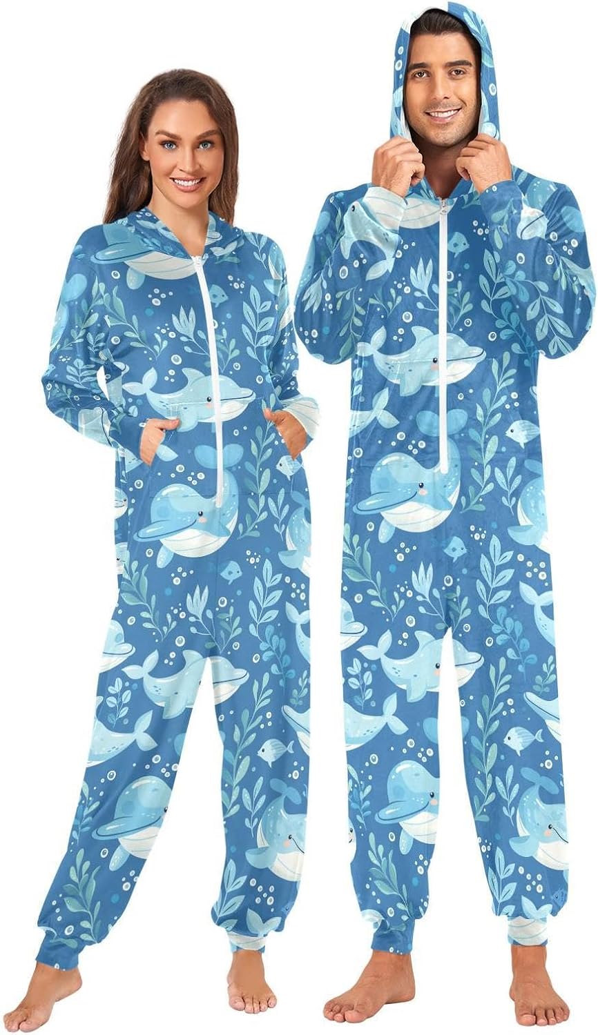 ZZKKO Cute Dolphin Seaweed Adult Onesie Pajamas for Women Men Cozy One Piece Pajamas Costume Zip-Up Hooded S-XL