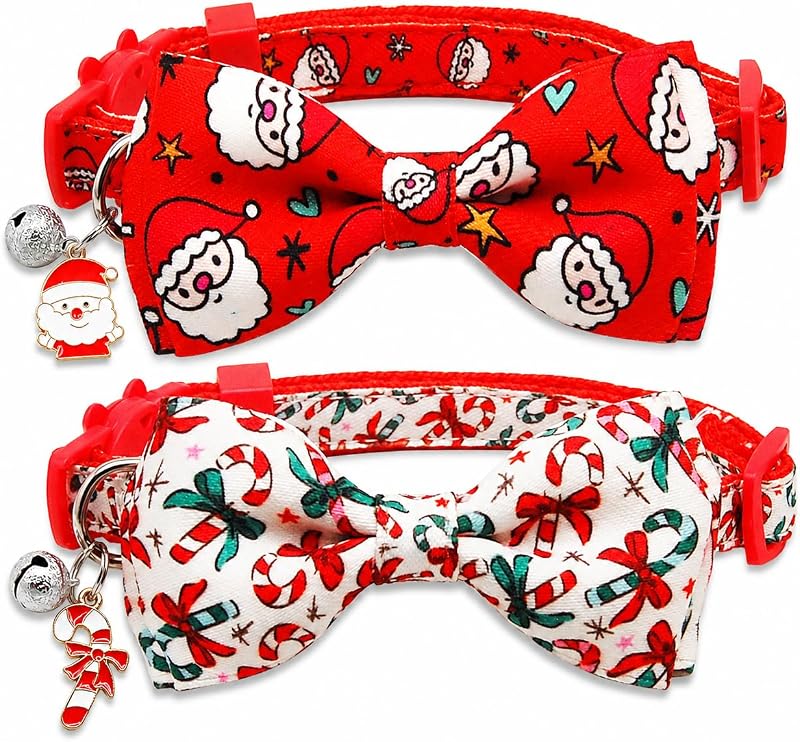 Coleira de Natal para Gatos com Fivela Breakaway, Laços e Pingentes Pohshido, Pacote com 2