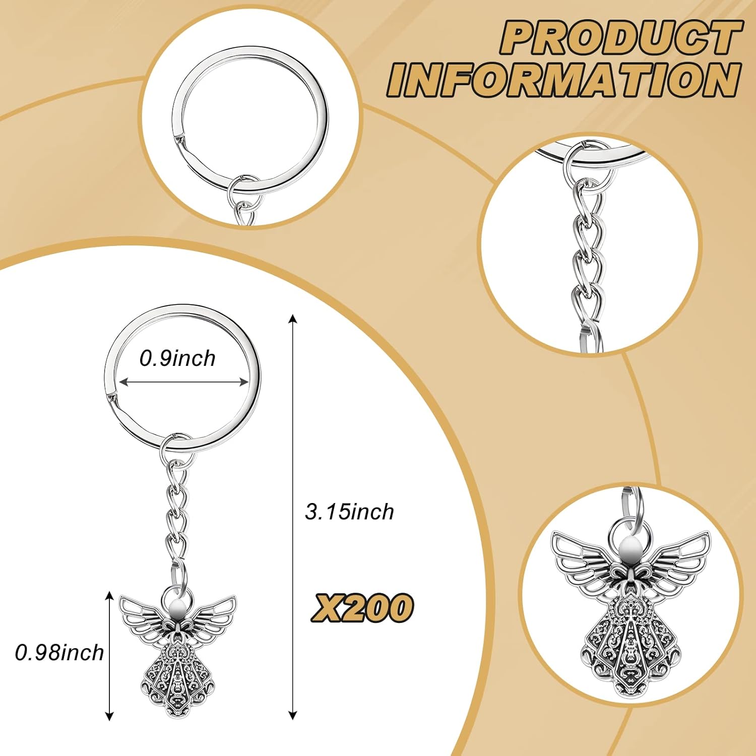 Therwen 200 Pcs Guardian Angel Keychain Silver Angel Charm Keychain Pendant Baptism Favors Key Ring for Women Funeral Party Gifts Arts and Crafts, 3.15 Inch