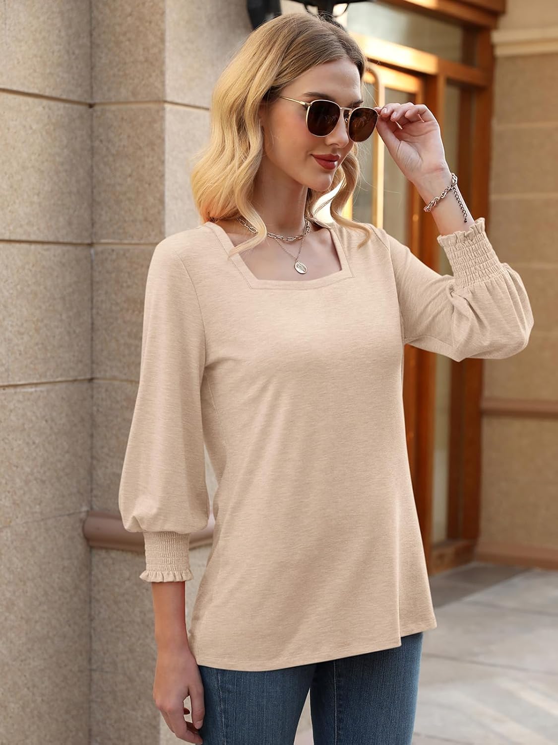 PGANDS Women's 3/4 Sleeve Tops Square Neck Spring Summer Casual Smocked Cuffs Shirts - Image 3