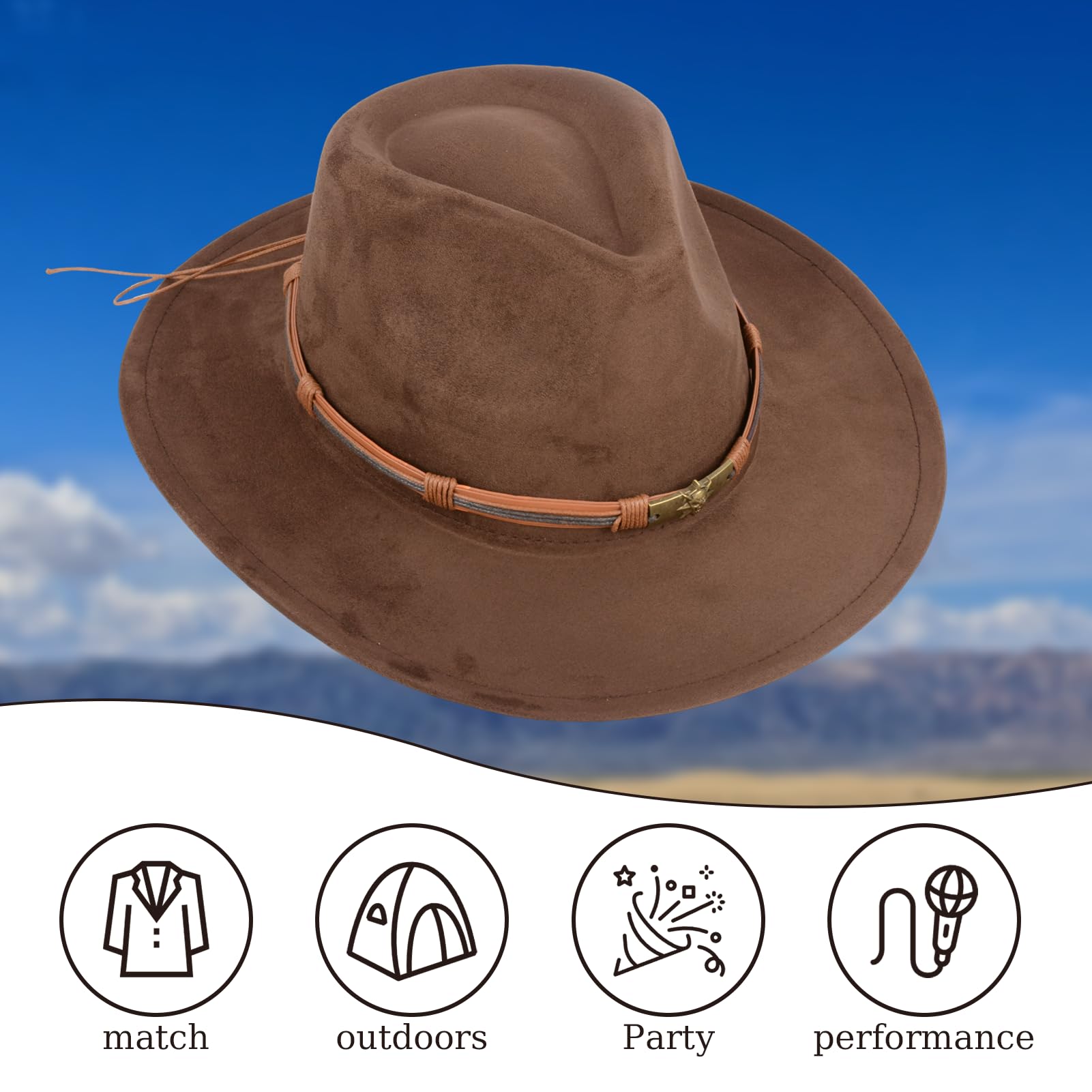 Cowboy-Hut für Damen und Herren - Breitkrempiger Outdoor-Suedehut in klassischem Kaffeebraun (Kunstleder)