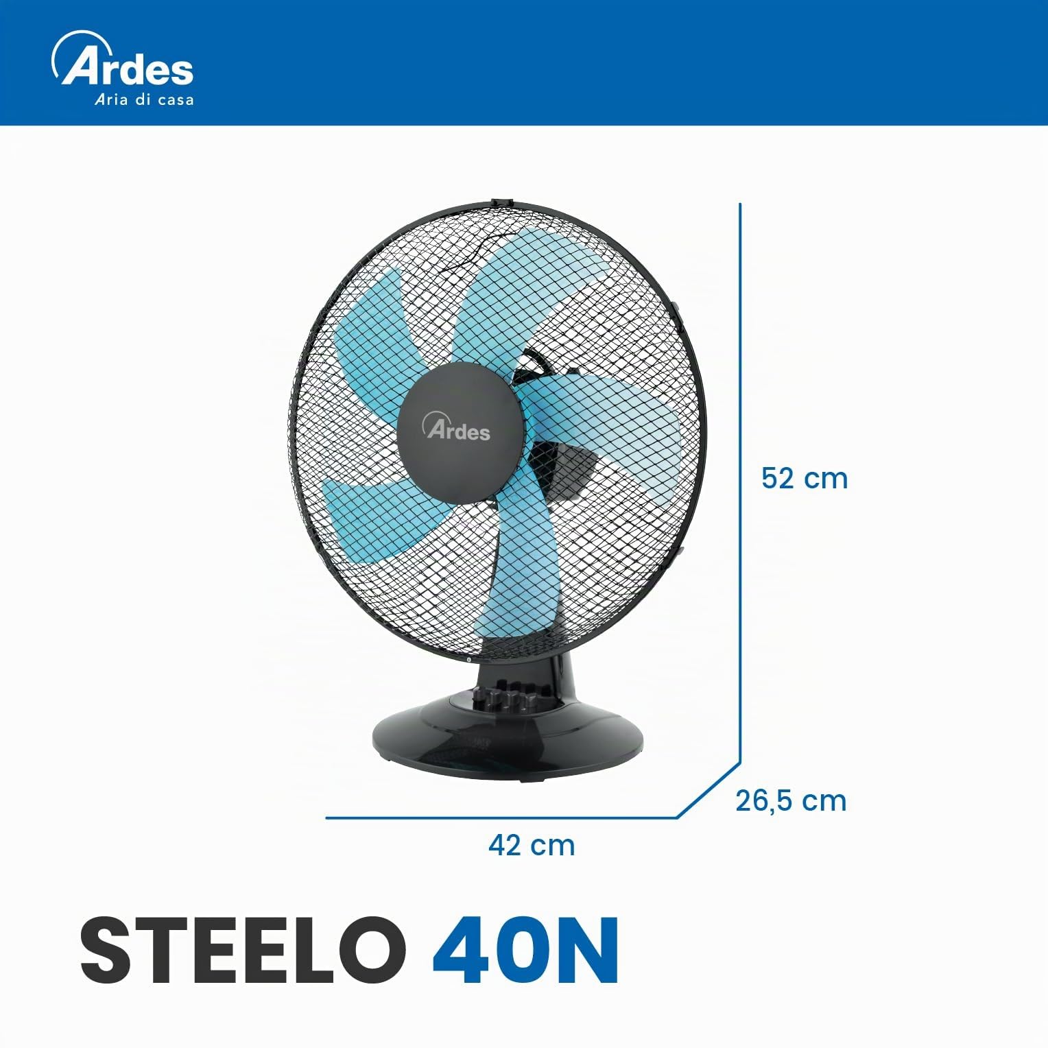 Ardes - AR5ST40N Tischventilator STEELO 40N 5 Flügel - Tischventilator 40 cm Oszillierend mit verstellbarer Neigung - Ventilator 3 Geschwindigkeiten leise, Schwarz