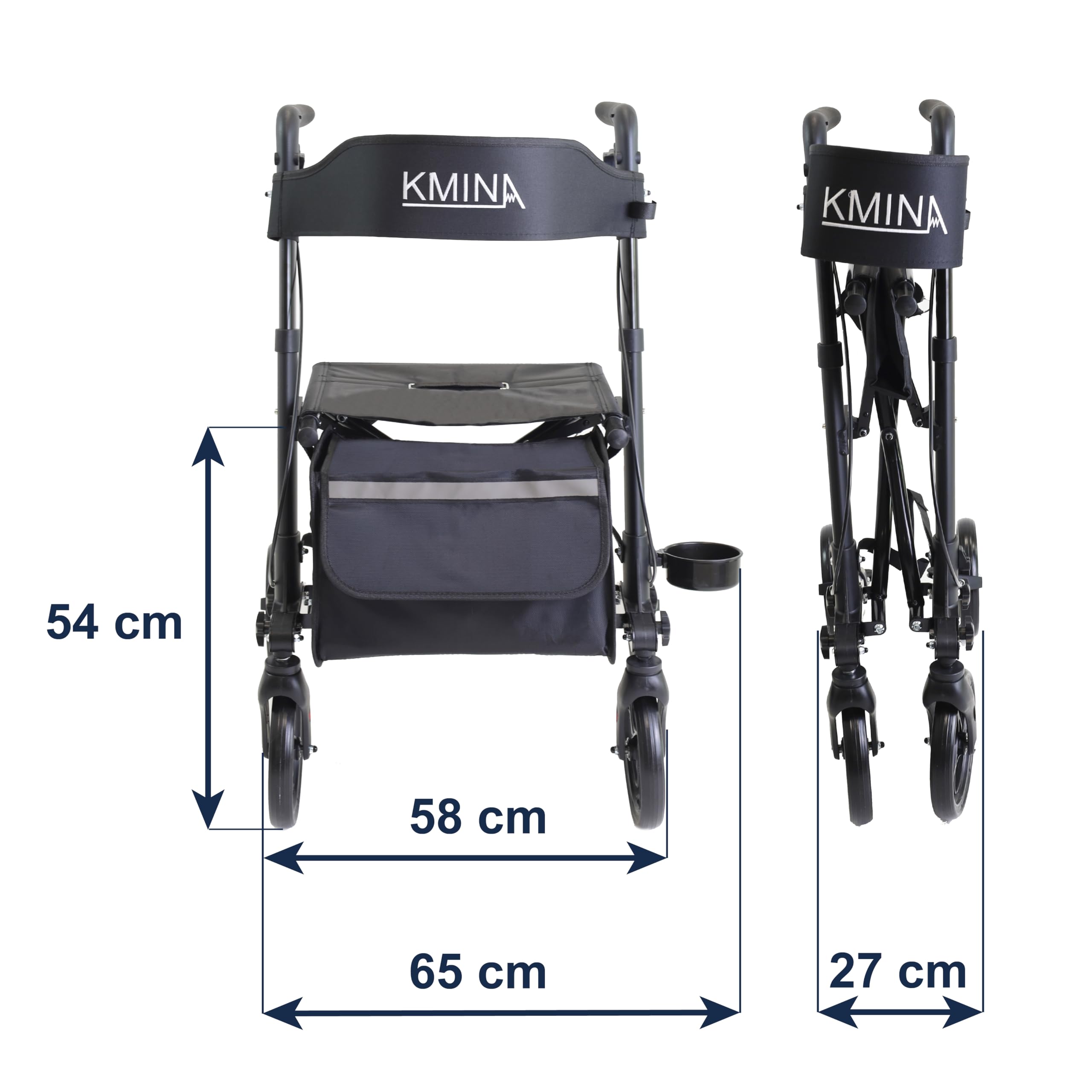 KMINA Andador Plegable con Asiento para Adultos (Negro) | Plegado Vertical, Altura Regulable, Freno Maneta, Bolsa y Porta Bastón