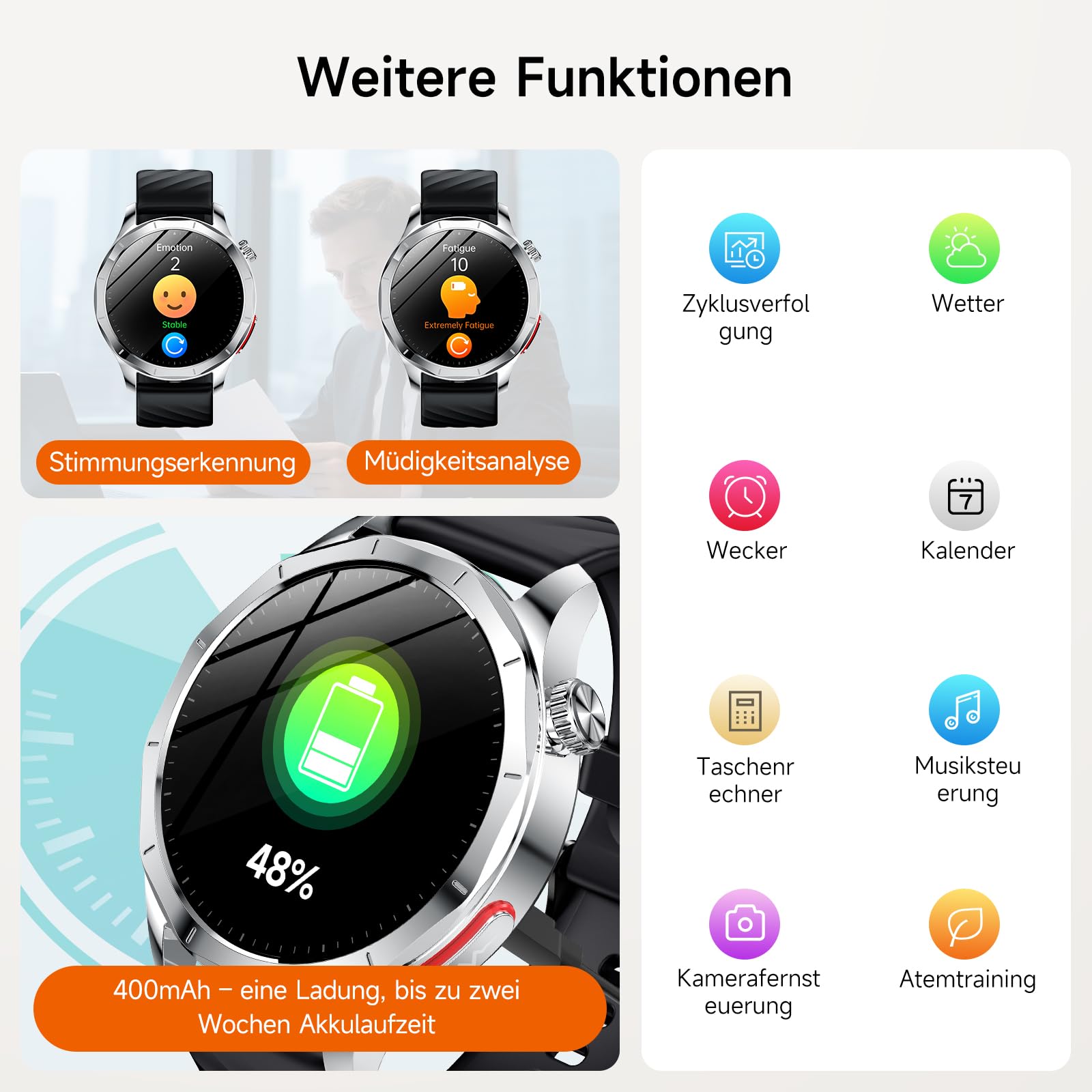 2026 Neu Smartwatch Herren mit EKG/HRV/BMI/Harnsäure, 1,43" AMOLED Gesundheitsuhr mit 24H Blutdruck Herzfrequenz SpO2 Körpertemperatur Schlafmonitor SOS-Notruf Fitnessuhr Android/iOS