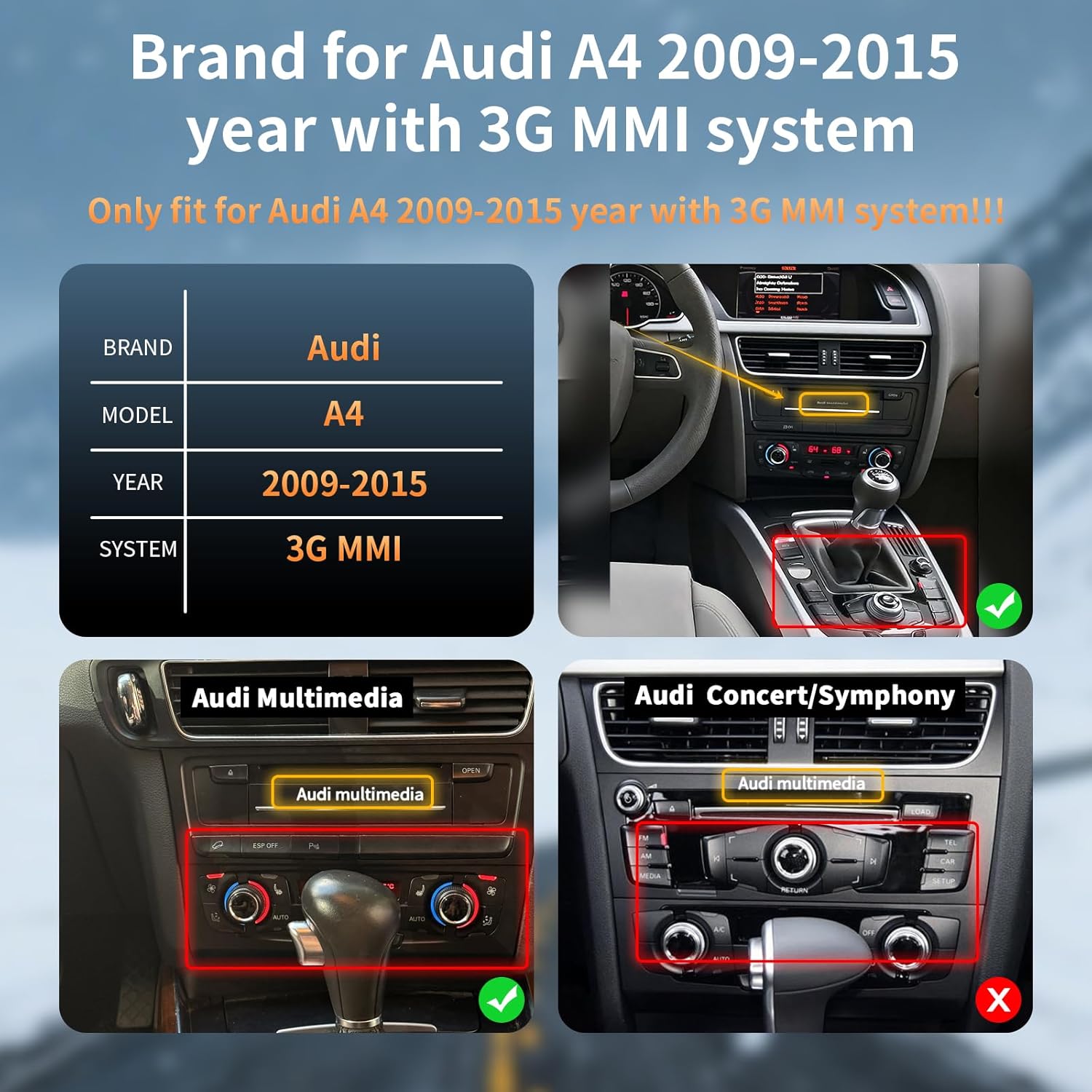 8.9 Inch Touchscreen for Audi A4 (2009-2015) with 3GMMI Wireless CarPlay/Android Auto, Car Radio Receiver, Multimedia, Bluetooth, Car Stereo, Navigation