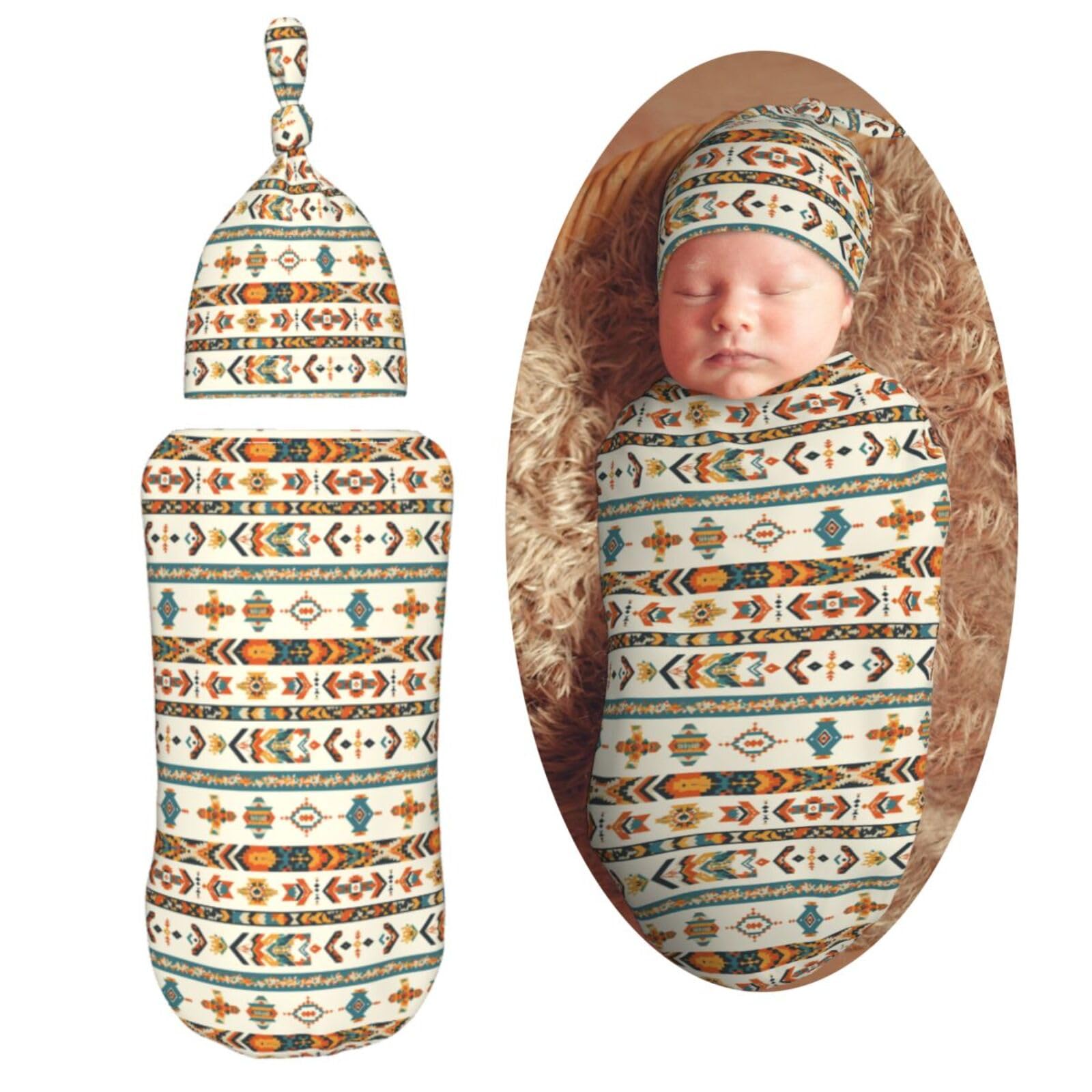 Vintage Aztec Patter Newborn Swaddle Blankets Hat Sets Soft Baby Receiving Blanket Swaddle Sack for Baby Shower Infant Boy Girl Gift