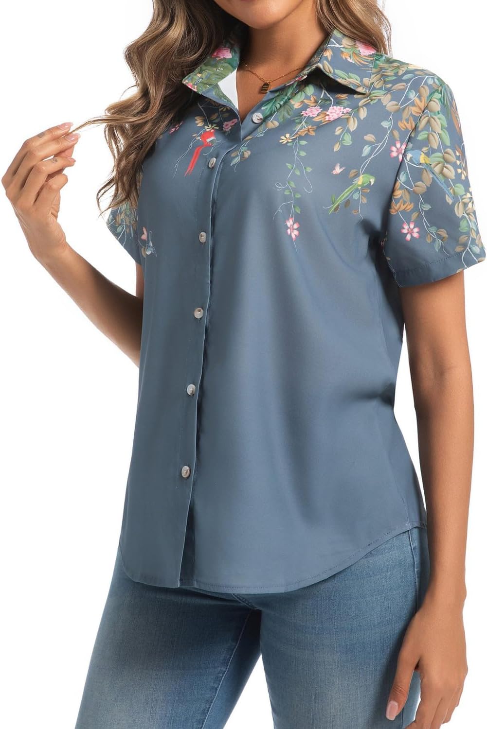 Womens Button Down Shirts Short Sleeve Summer Linen V Neck Collared Hawaiian Floral Print Cat Casual Blouse Tops - Image 3