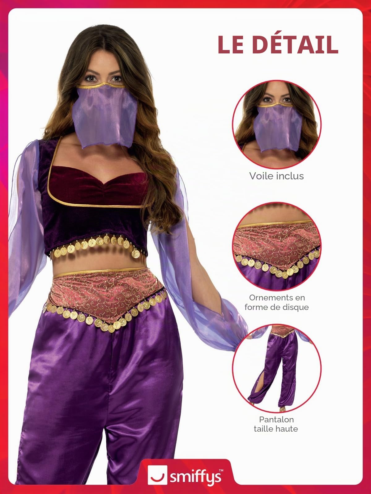 Smiffys Costume de princesse arabe, violet avec pantalon, haut et voile pour le visage, déguisement de princesse autour du monde