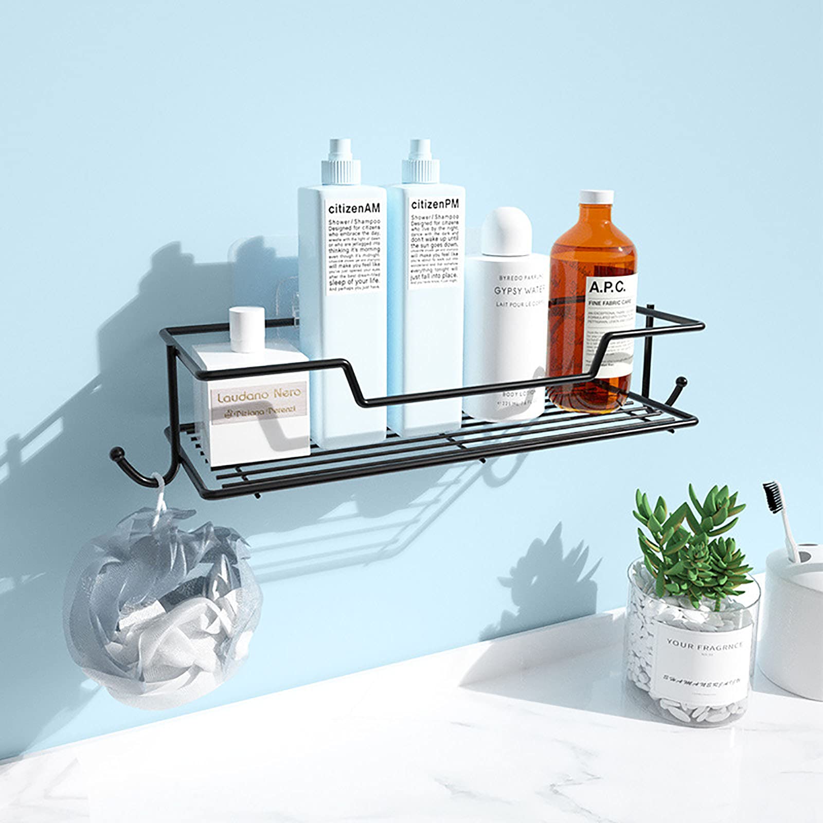 Estantes de baño exquisitos Estante de baño montado en la Pared Estante de Ducha Adhesivo para Pared Sin perforación Soporte de Almacenamiento de Pared de baño de Cocina de Acero Inoxidable/a