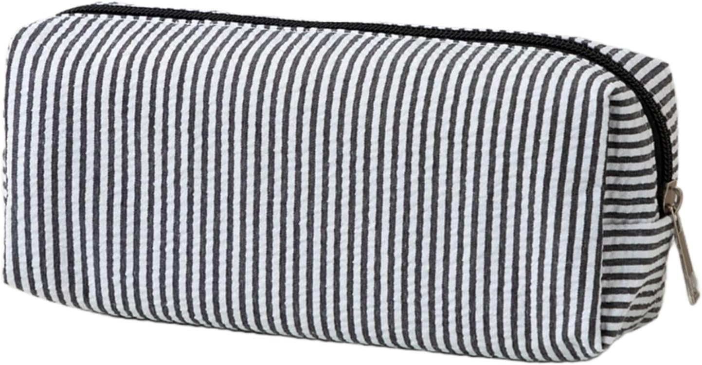 Seersucker Striped Pencil Bag, Large Capacity Stationery Pouch