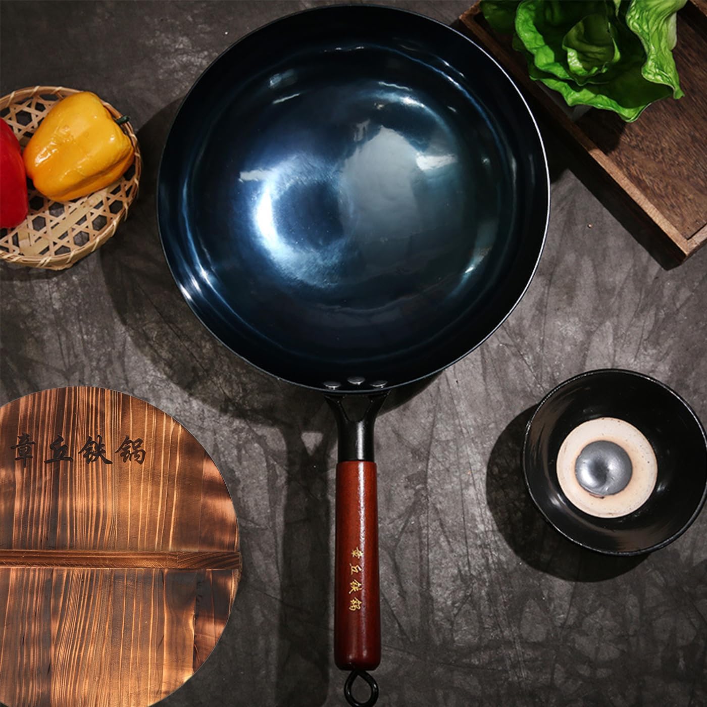 TKRADISH 14 Inch Chinese Hand Hammered Iron Wok and Stir Fry Pans with Wooden Handle and Lid Round Bottom Wok Pan Non-stick No Coating Ideal for Home Use and Gift Giving