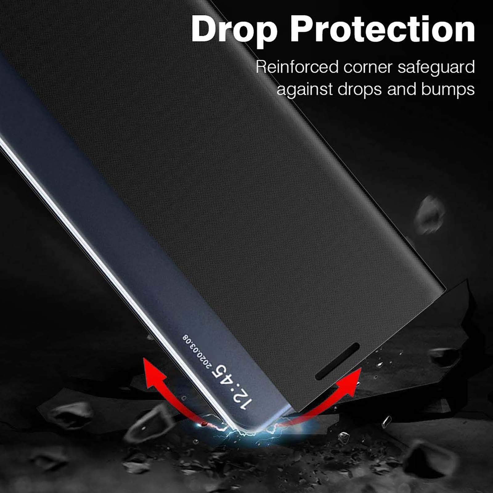 GOKEN Etui do telefonu Samsung Galaxy S21 FE 5G, wysokiej jakości skóra PU/PC, wewnętrzna powłoka z klapką z lustrzanym okienkiem, inteligentny widok, składana podpórka na telefon, czarne