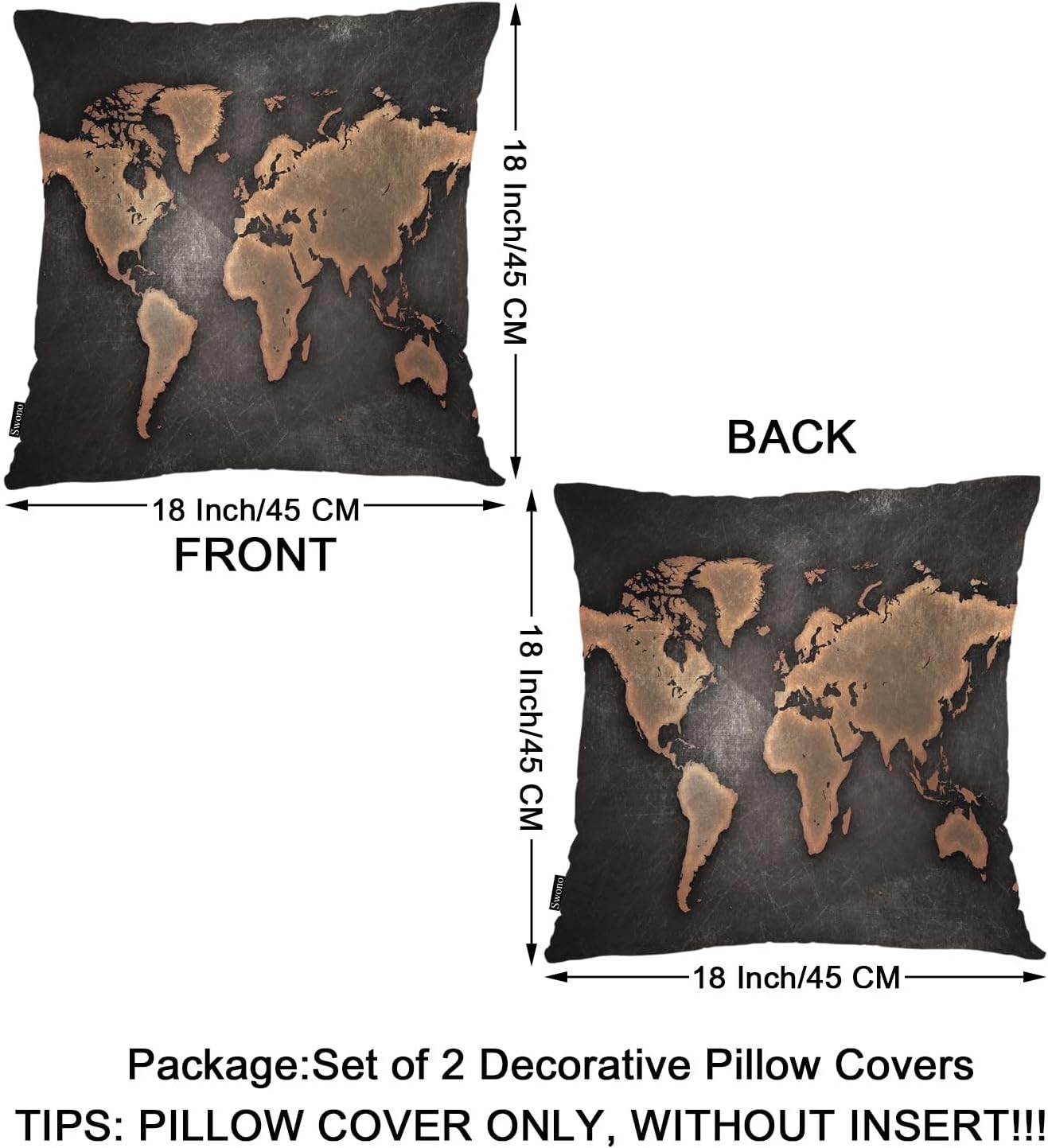 Swono World Map Throw Pillow Cases Pack of 2, Vintage Map Seven Continents Square Cushion Covers Decor Pillow Covers for Couch Sofa Home Farmhouse Decoration 18 X 18 Inches Pillowcases, Brown - Image 6
