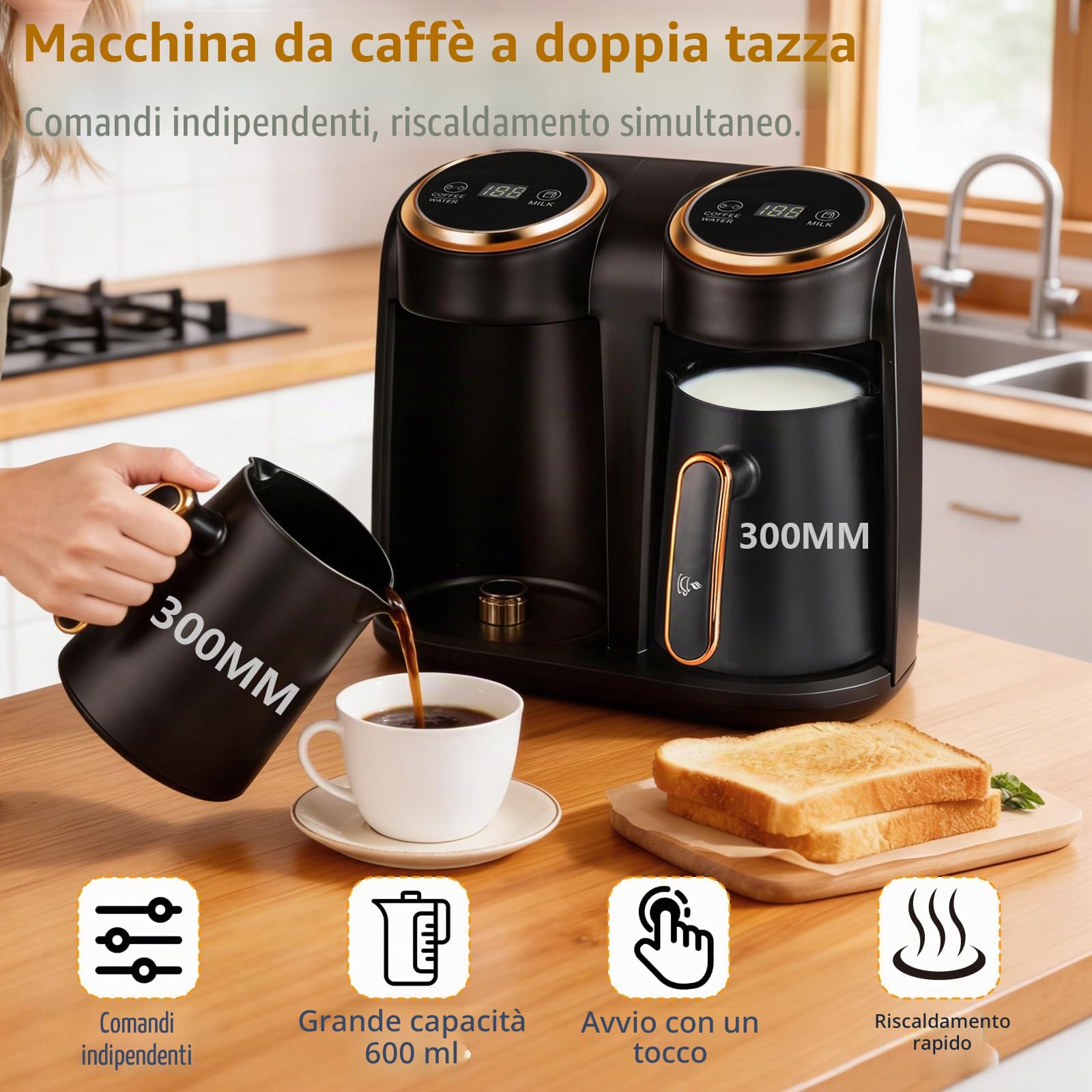 Macchina per Caffè Turco, 600W, Macchina Elettrica per Caffè Turco con 2 Pentole da 300ml, Controllo Touch e Display LED, Spegnimento Automatico, Apparecchio per Bevande Calde per Uso Domestico