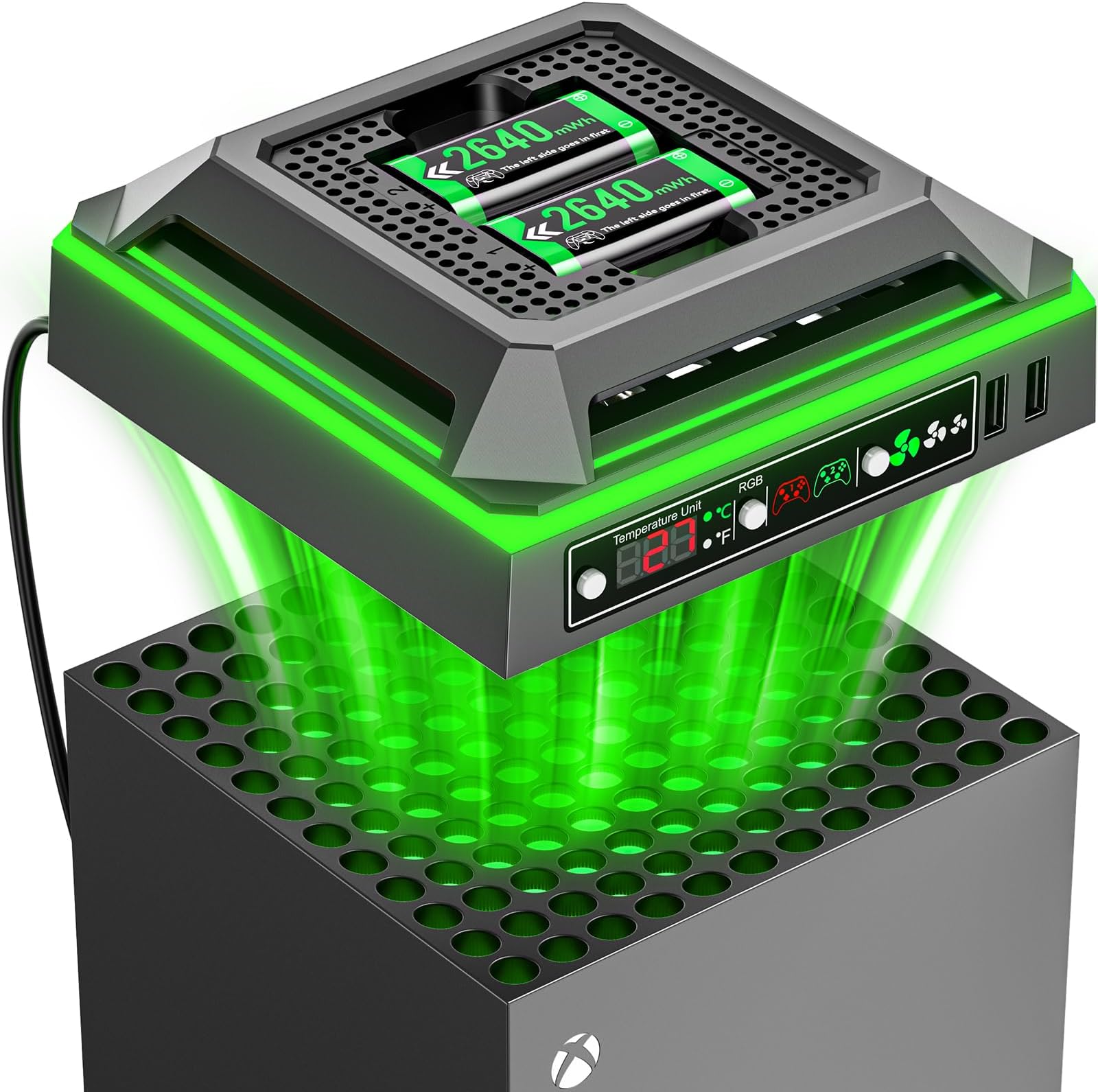 Fan for Xbox Series X Console with Light, Charging Station with 2 x 2640 mWh Xbox Controller Battery for Xbox Series/One-X/S/Elite Controller, Xbox Series X Cooler with 2 USB Ports for Xbox