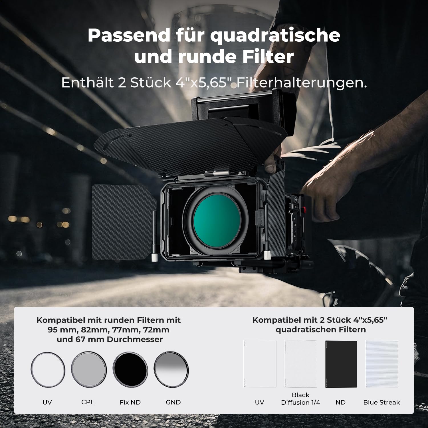 K&F CONCEPT Nano-X Pro Mini Matte Box mit Karbonfaser-Flaggen-Seitenklappe oben, mit 10,2 x 14,6 cm quadratischen Filterschalen und 67/72/77/82/95 mm Objektivadapterringen für spiegellose DSLR-Kameras