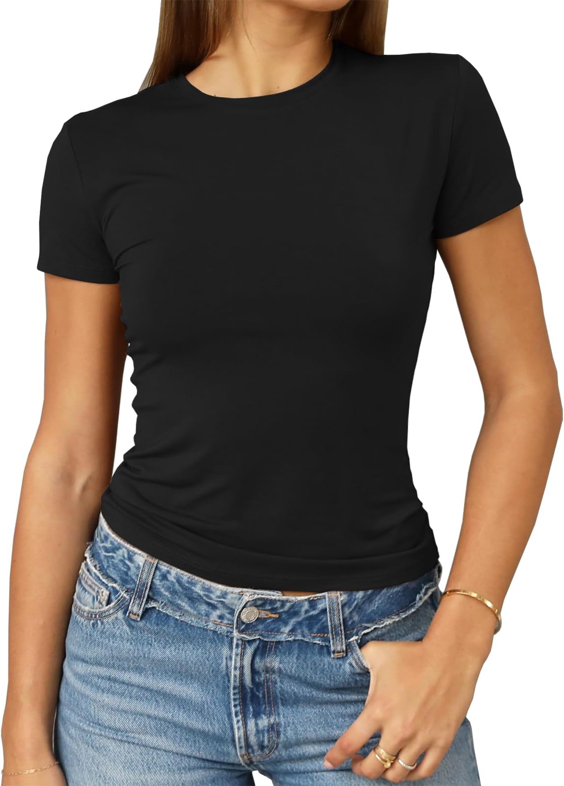 Women's Casual Basic Going Out Crop Tops Slim Fit Short Sleeve Crew Neck Tight T Shirts 2026