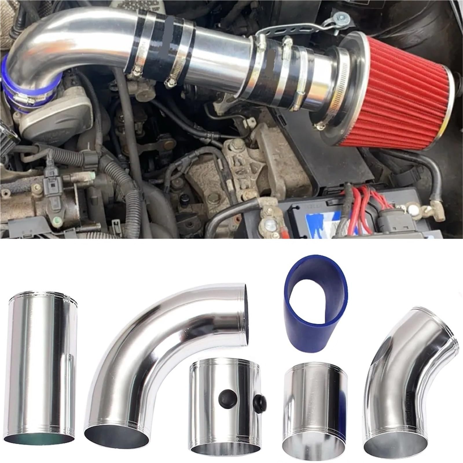 Kit de admisión aire frío Tubo de admisión aire universal 3" y 76 mm, kit tubo aleación aluminio, sistema inyección filtro frío directo turbo