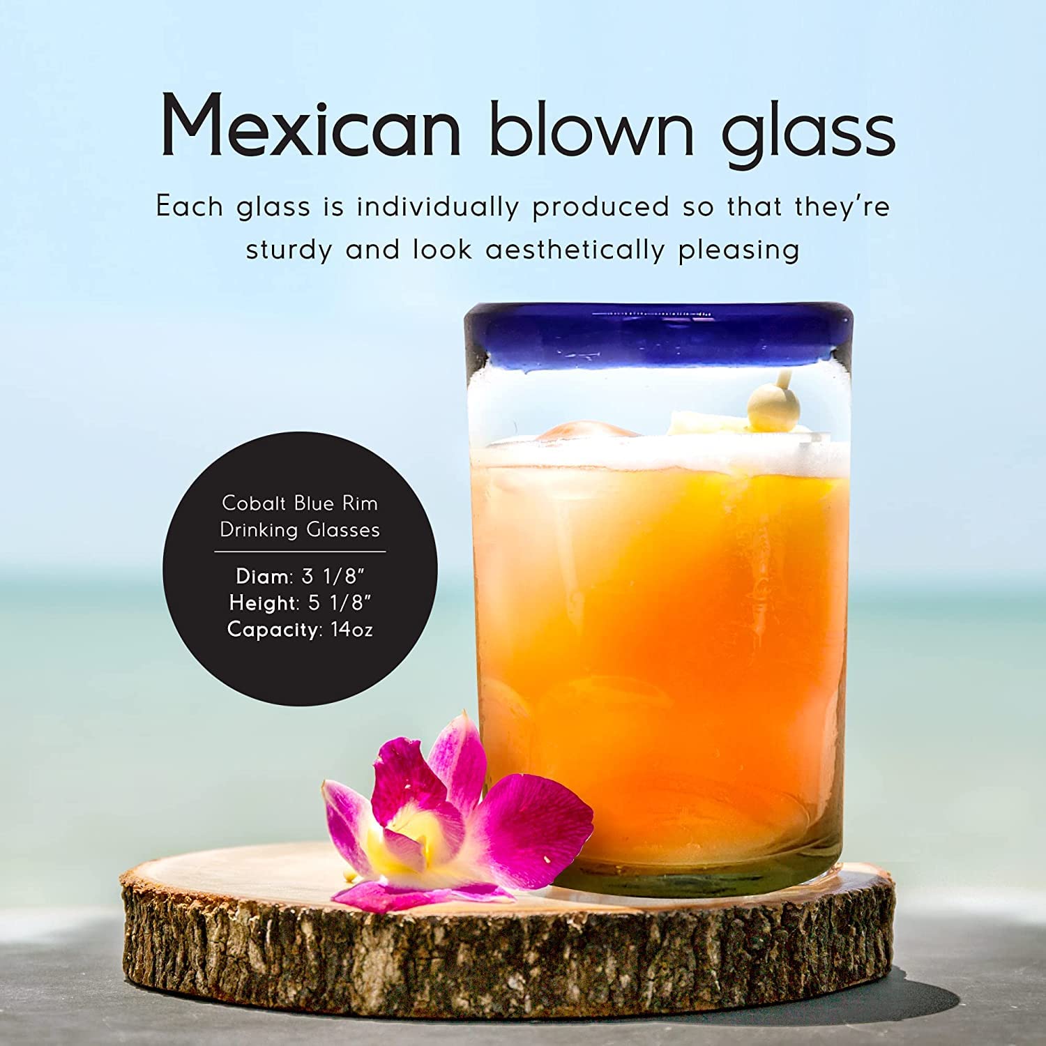 Mexican Blown Glass Drinking Glasses Cobalt Blue Rim (Set of 6) by MEXHANDCRAFT