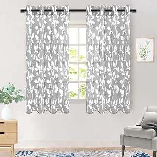 MRTREES Short Transparent Voile Curtain 140 x 160 cm for Kitchen Window Bedroom, Gray Curtains and Indoor Drapes Living Room Voile Curtain with Eyelets Printed Leaf Pattern, 2 Pieces