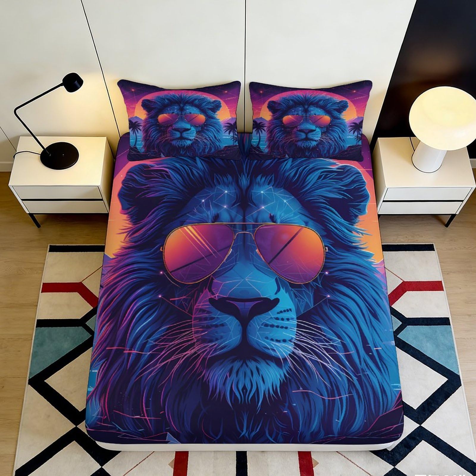 Jqzkxnhpbr Style-10 3D Printed Lion Sunglasses Fitted Sheet Microfiber Vibrant Animal Bed Cover Anti-Slip Washable For Bedroom Dorm Decor 90X200x25cm