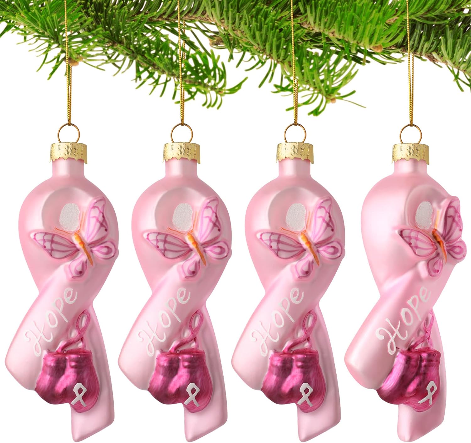Jetec 4 Pieces Christmas Glass Ornament Pink Ribbon Blown Ornament Breast Cancer Awareness Decoration Breast Cancer Hanging Decoration for Xmas Tree Pink Hope Ribbon with Butterfly Gloves