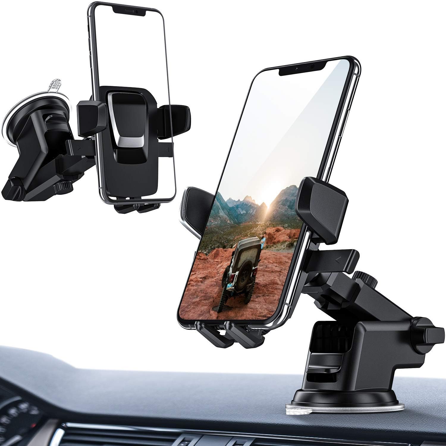 oqtiq sucgles easy one touch car phone holder, dashboard & windshield mobile mount with suction cup, telescopic arm & 360° rotation, universal stand for iphone, samsung & all smartphones