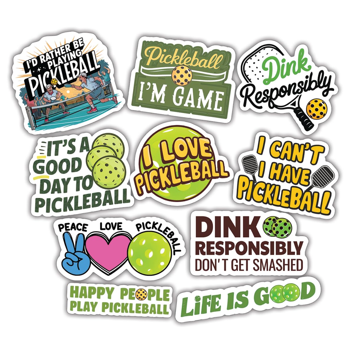10pcs Pickleball Sticker Sheet, Funny and Cute Vinyl Decals for Players, Coaches, Pickleball Lovers, Waterproof, UV-Resistant, for Laptop, Water