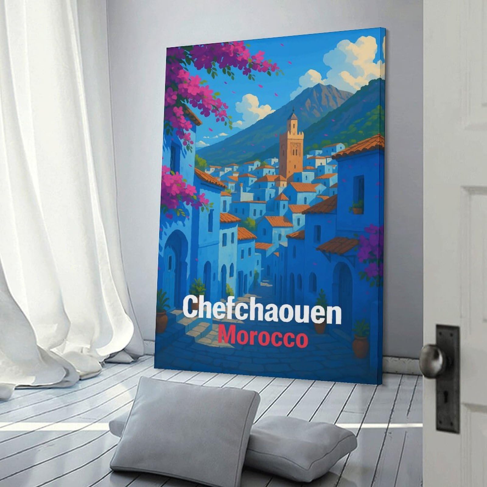 Junmoney Chefchaouen, Morocco Blue Cityscape Decorative Wall Artwork, 20x30inch(50x75cm), for New Homes, Bedrooms Or Workspaces, Gift Idea for Housewarming And Birthdays