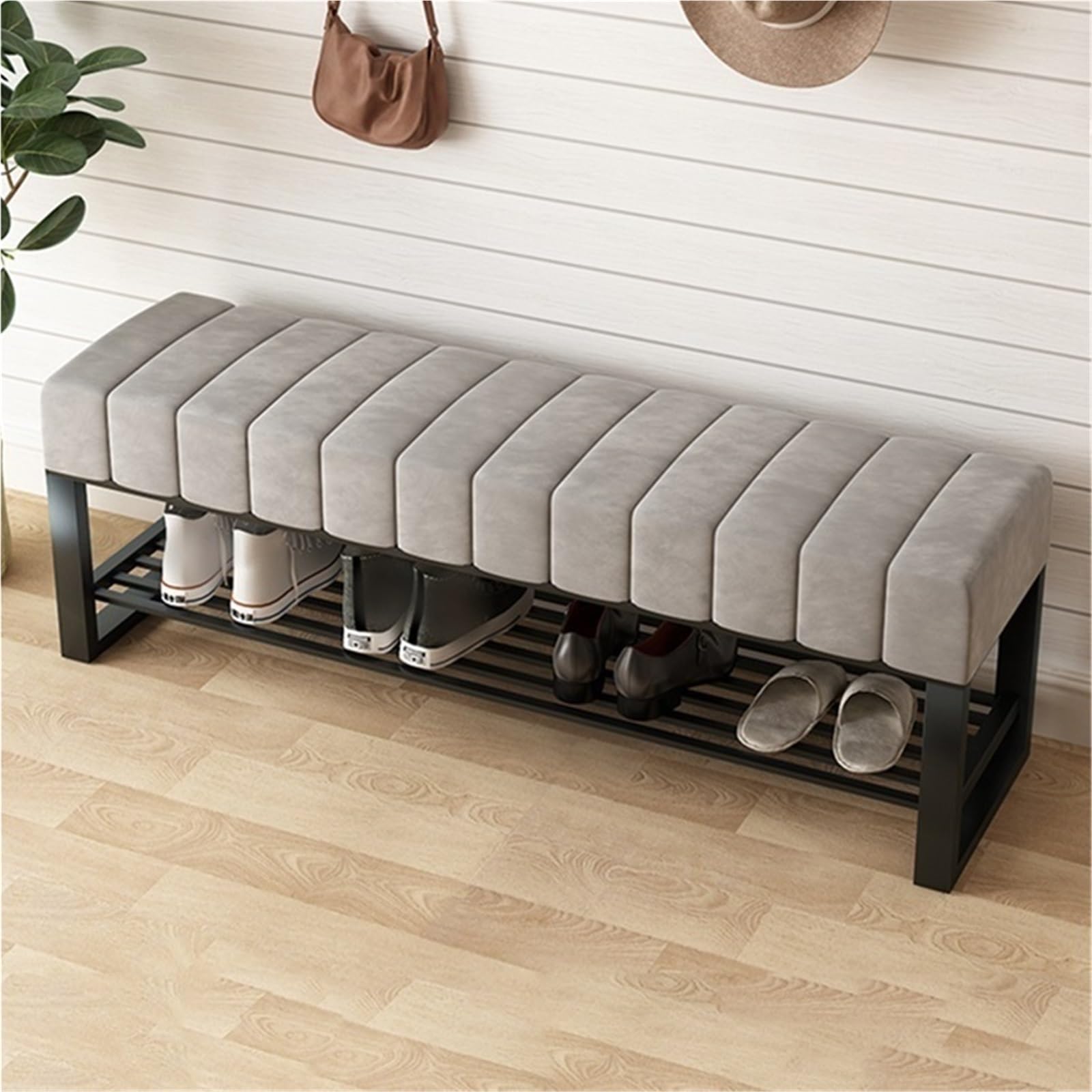 WJFTODAY Pink Entryway Bench with Storage Cushioned Shoe Rack Metal Frame Space Saving Hallway Furniture 120cm for Living Room Bedroom & Entryway Decor.