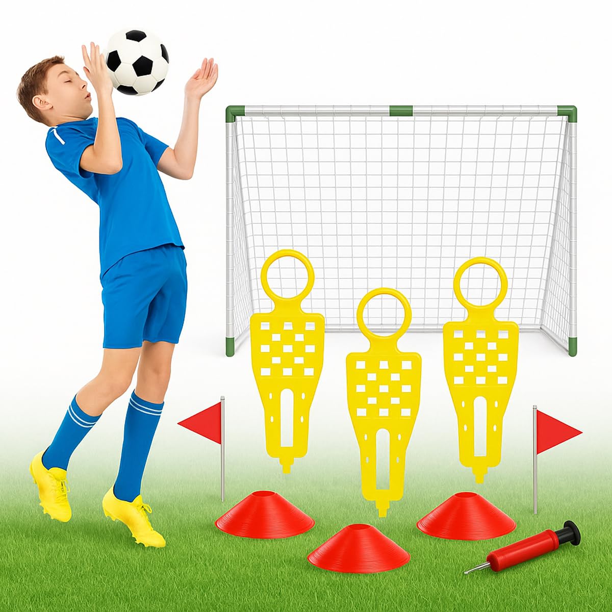 Xwin 90CM Kids Football Goal Post Training Set, Includes Goal, Ball, Pump, 3 Dummy Defenders, 3 Cones & 2 Flags - Complete Outdoor Soccer Kit for Boys and Girls Age 3+ Years