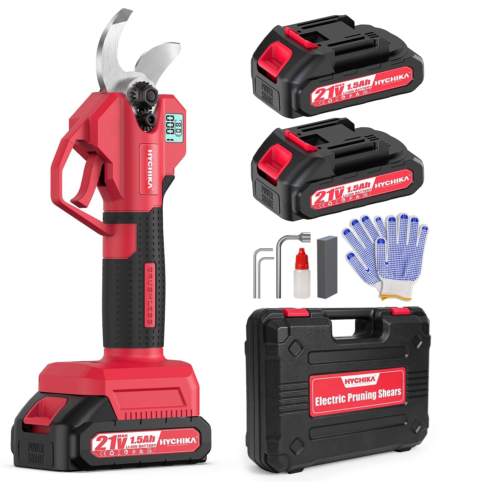 HYCHIKA tijeras de podar electricas 21 V, Cortar hasta 30 mm para Árboles | Tijeras de podar con cuchillas SK5 y pantalla LCD. Incluye 2 baterías de 1.5Ah, ideal para el cuidado de setos