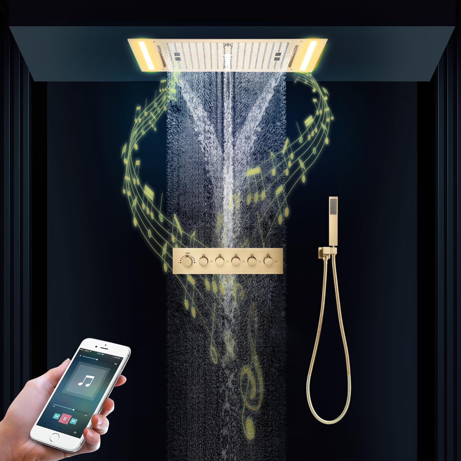 Columna Ducha Termostática con LED, Sistema de Ducha Música Empotrada RGB 64 Colores, con Ducha de Mano, el 5 Modos Cabezal de Ducha De 638 X 338 mm, Latón y Acero Inoxidable (Dorado)