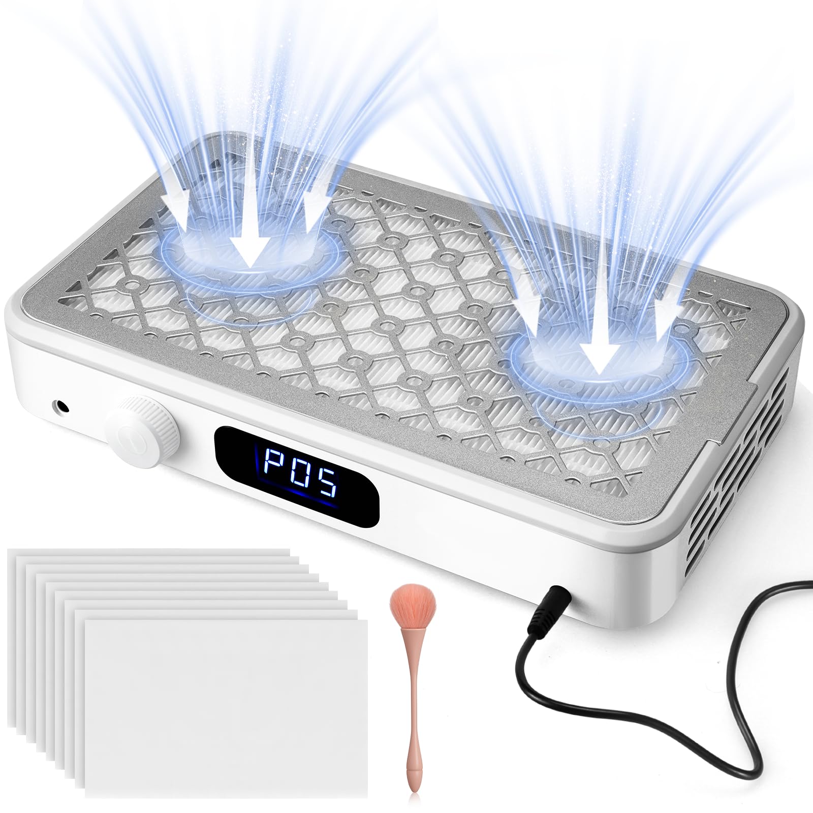 Collecteur de poussière professionnel pour ongles | Dual Turbo Low Noise | 1600PA Nail Tech | 30 papiers filtres + 1 filtre HEPA réutilisable | 5 niveaux de vitesse | pour ongles en acrylique, salon