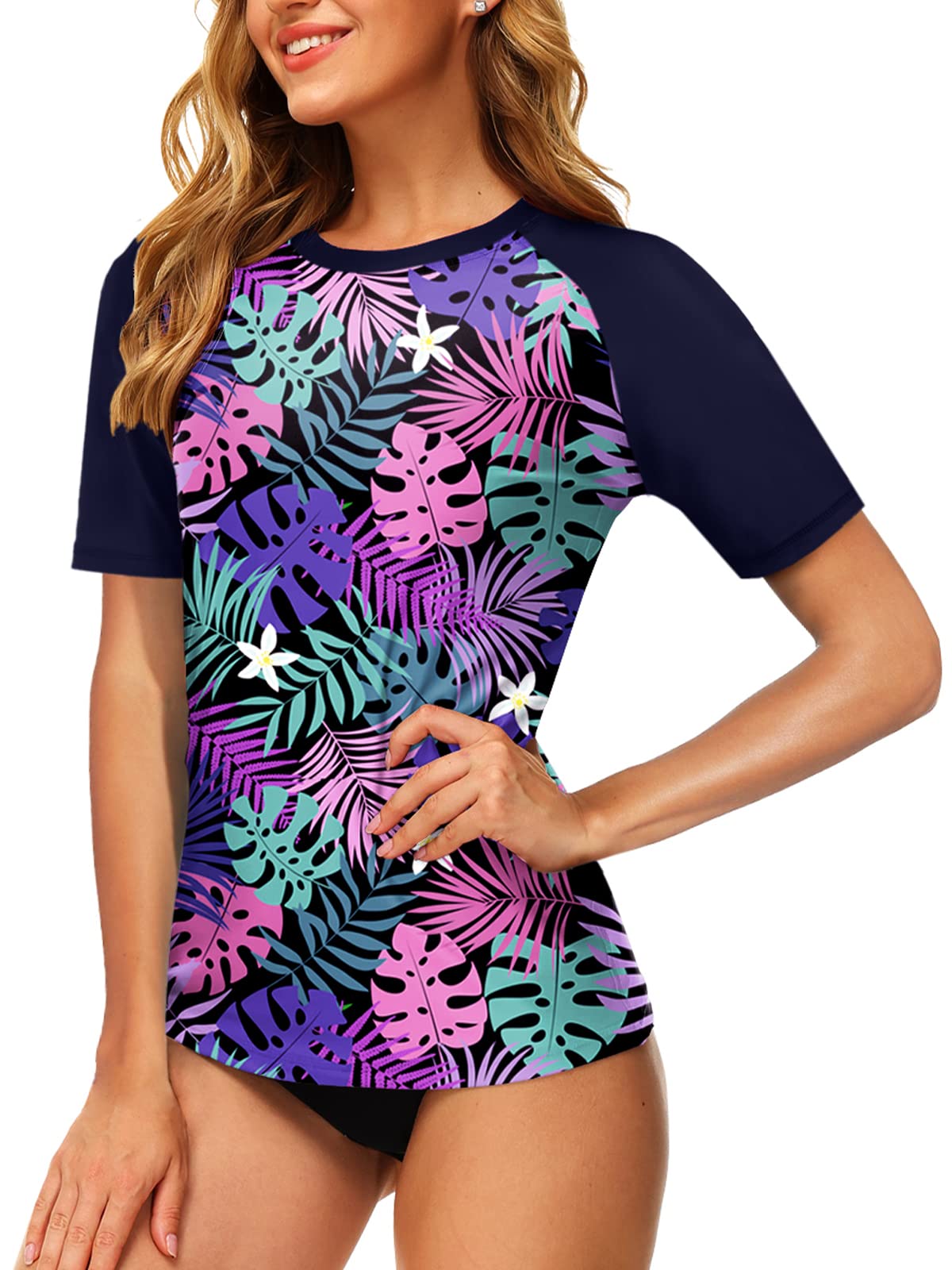 AOBUTE Women Short Sleeve Rash Guard UPF 50+ Tropical Sun Protection Floral Swim Shirts