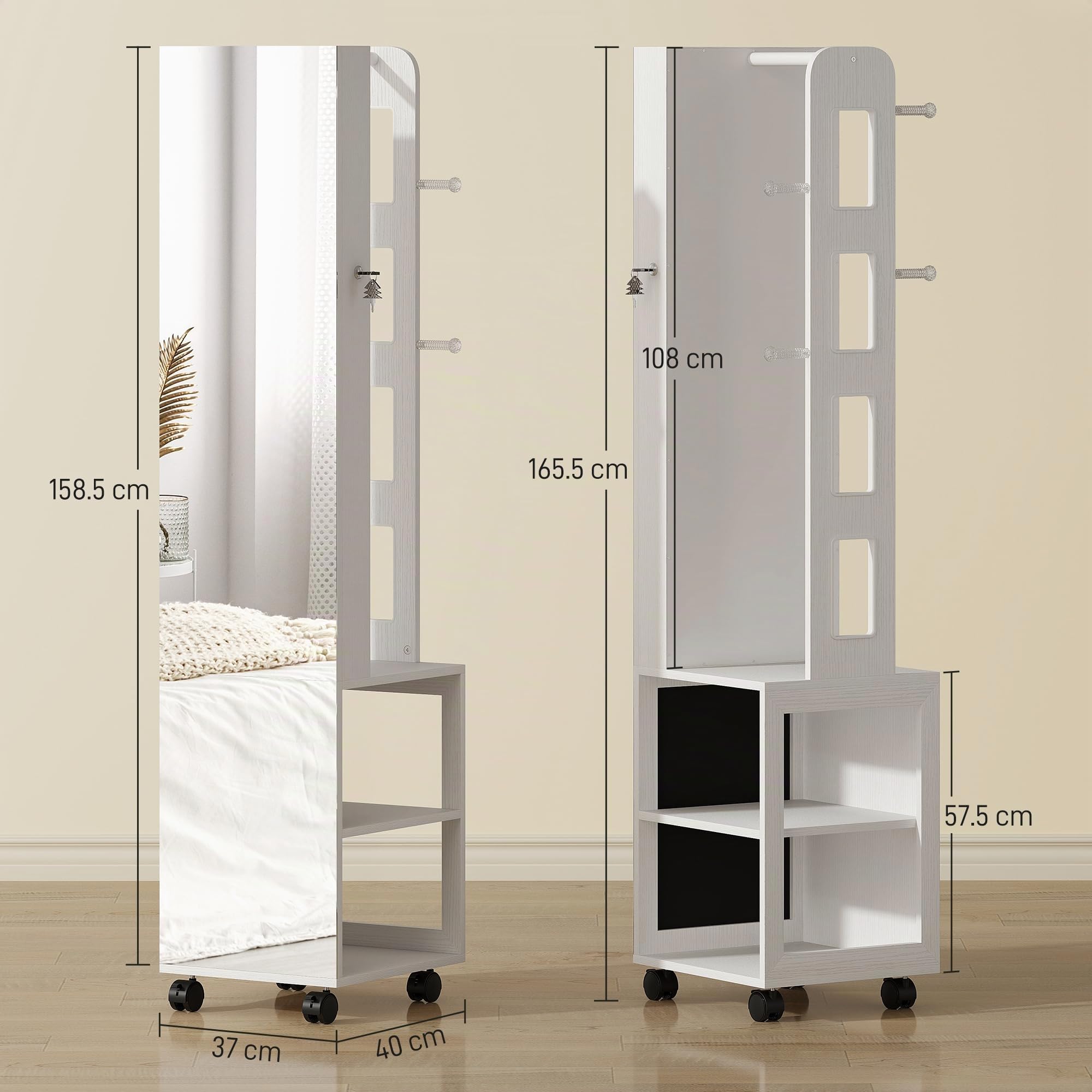 HOMCOM Armario de joyas con espejo, bloqueable 360°, marco blanco | Organizador de joyas giratorio con iluminación LED, para dormitorio/vestidor, forro negro