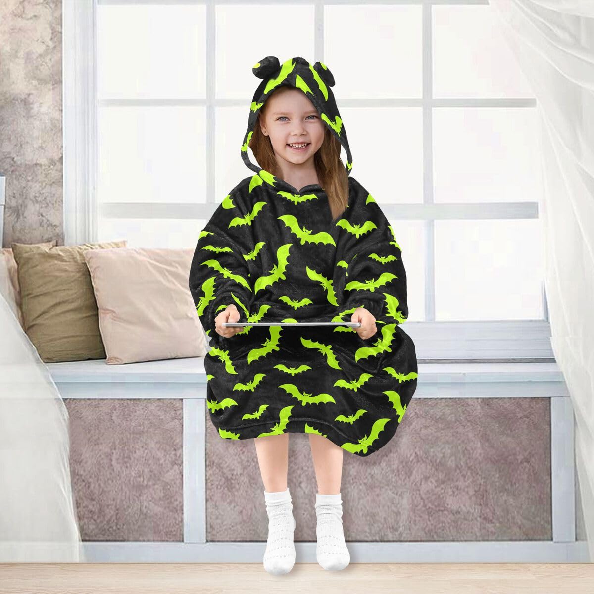 Green Bats dziecięcy koc do noszenia z kapturem oversize bluza koc sweter Halloween dla chłopców i dziewcząt w wieku 3-14 lat