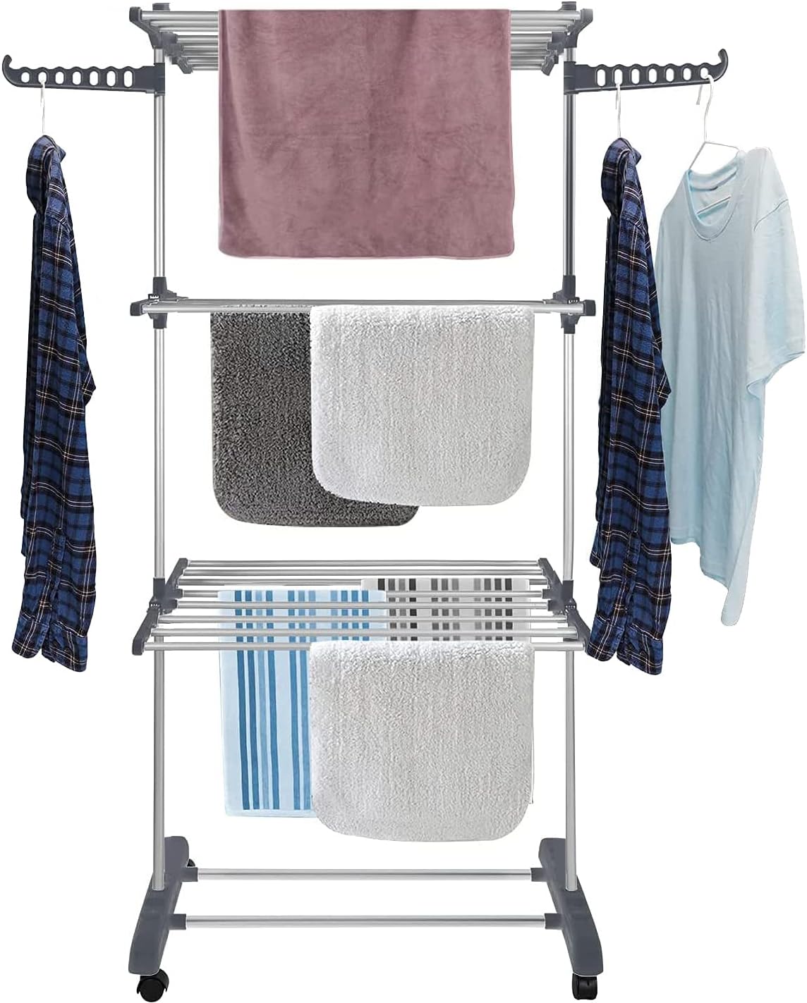 Toworld Clothes Drying Rack Folding 3 Tier Clothes Horses Rack Stainless Steel Laundry Drying Rack with 2 Adjustable Side Wings, Space Saving Free-Standing Dryer Stand for Clothing