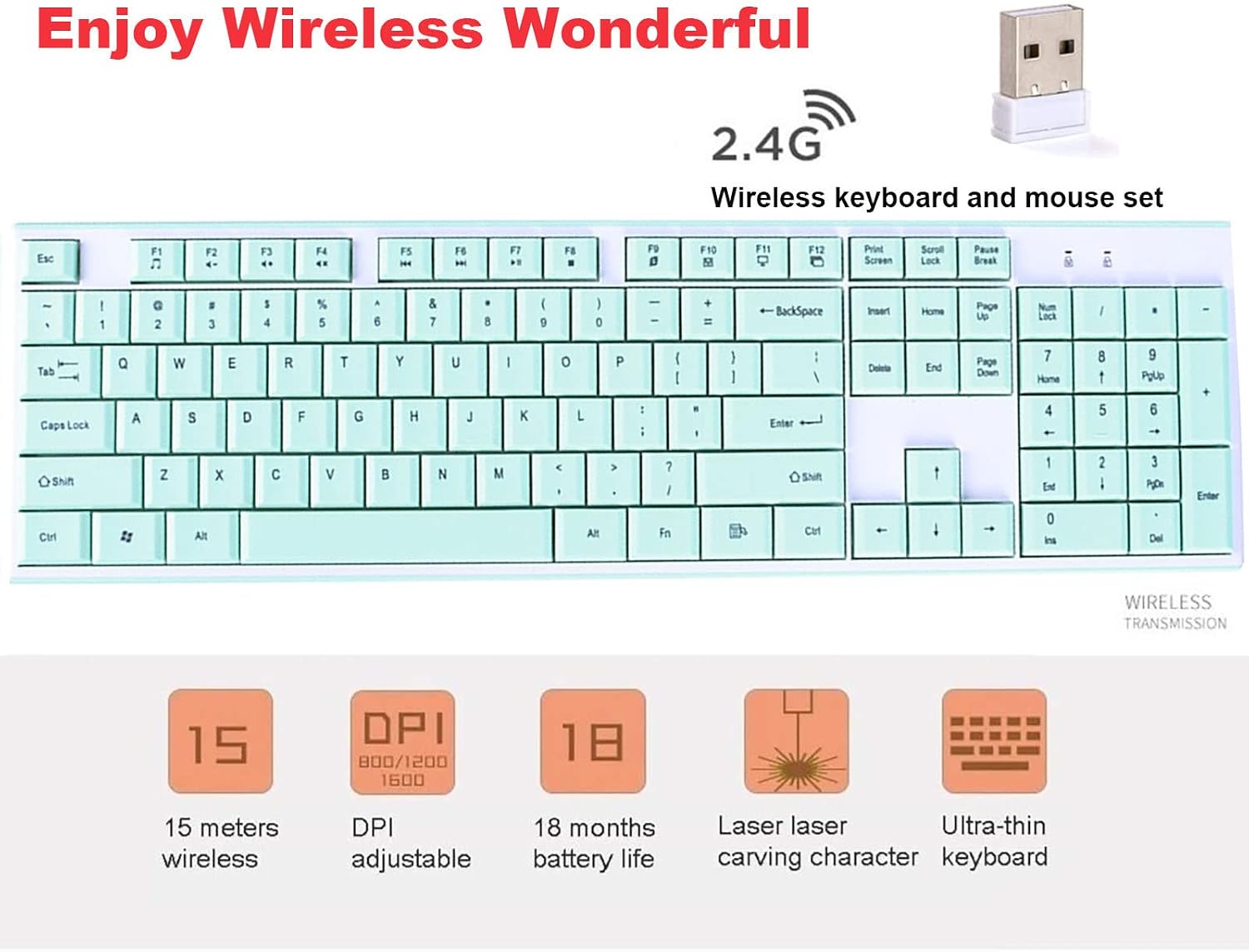 Wireless Keyboard Mouse Combo, Full Sized 2.4G Cordless Keyboard with Silent Chocolate Keys Multimedia, Ultra-Thin Cute Keyboard and 1600dpi Mouse Set for Computer PC Laptop (Green)