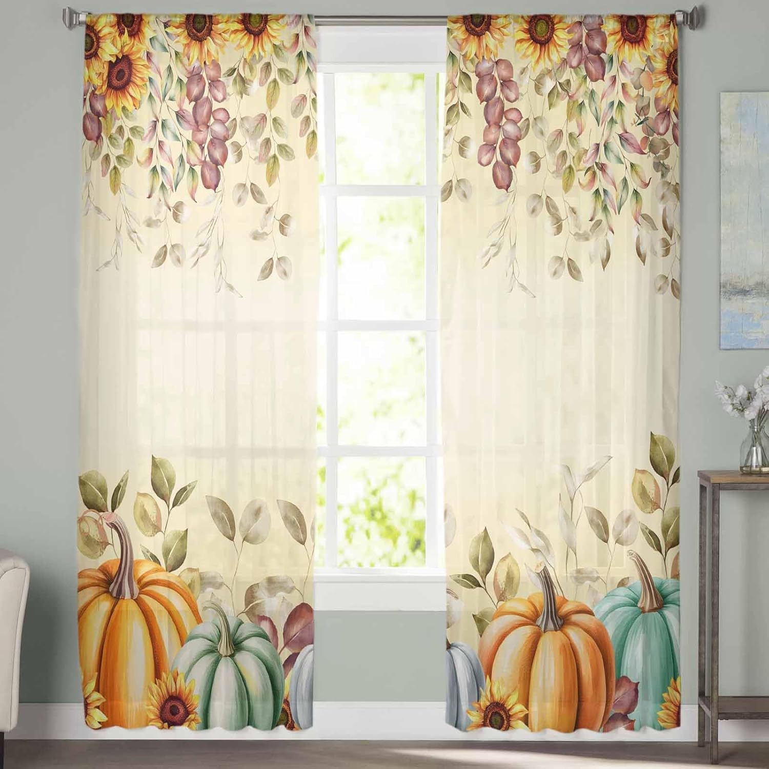 Thanksgiving Pumpkins Eucalyptus Leaves Sheer Curtains 84 Inch Length 2 Panels Set for Living Room/Bedroom,Fall Sunflowers Semi Curtain Sheers Drapes Rod Pocket Floral Curtains Window Set 52x84x2 Inch