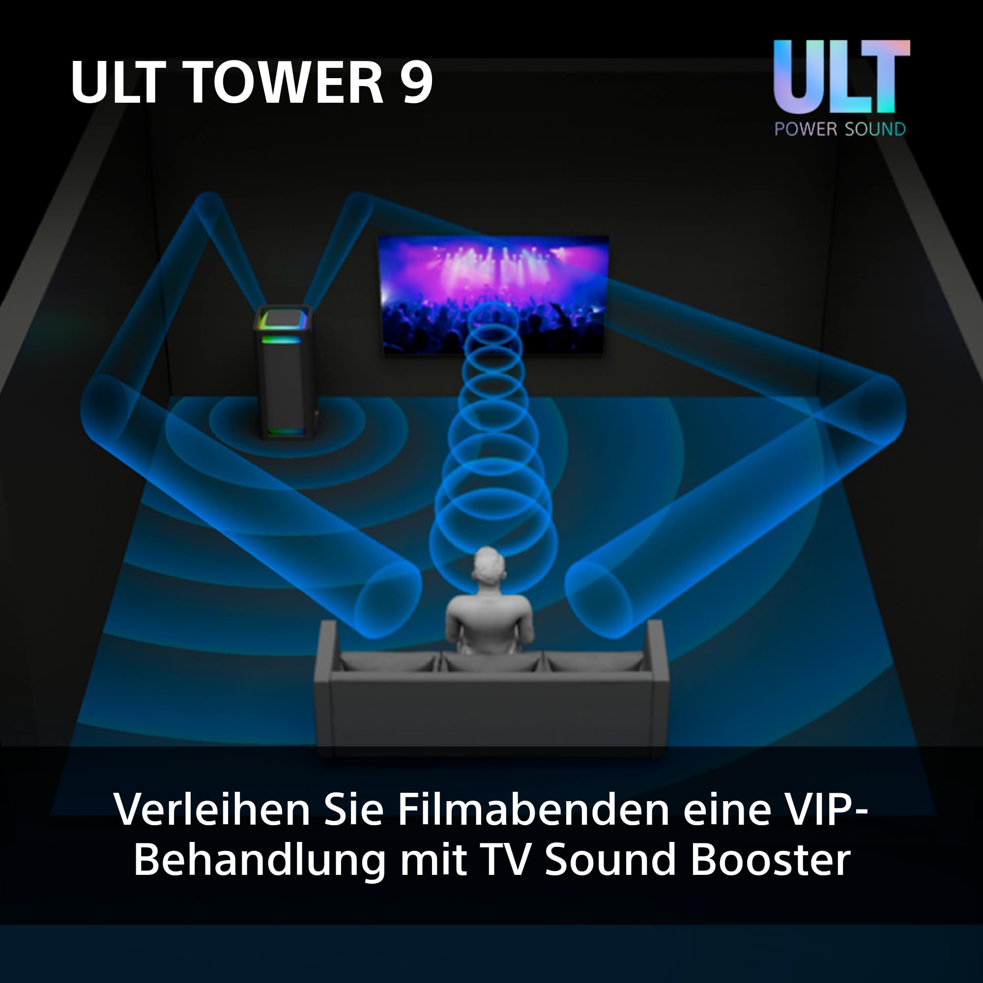 Sony ULT Tower 9 - Ultimativer Bluetooth-Party-Lautsprecher, 25 Stunden Batterie- und Netzbetrieb, 2 ULT Power Sound Modi, X-Balanced Speaker, 360° Beleuchtung & Sound, Karaoke-Eingänge - Schwarz