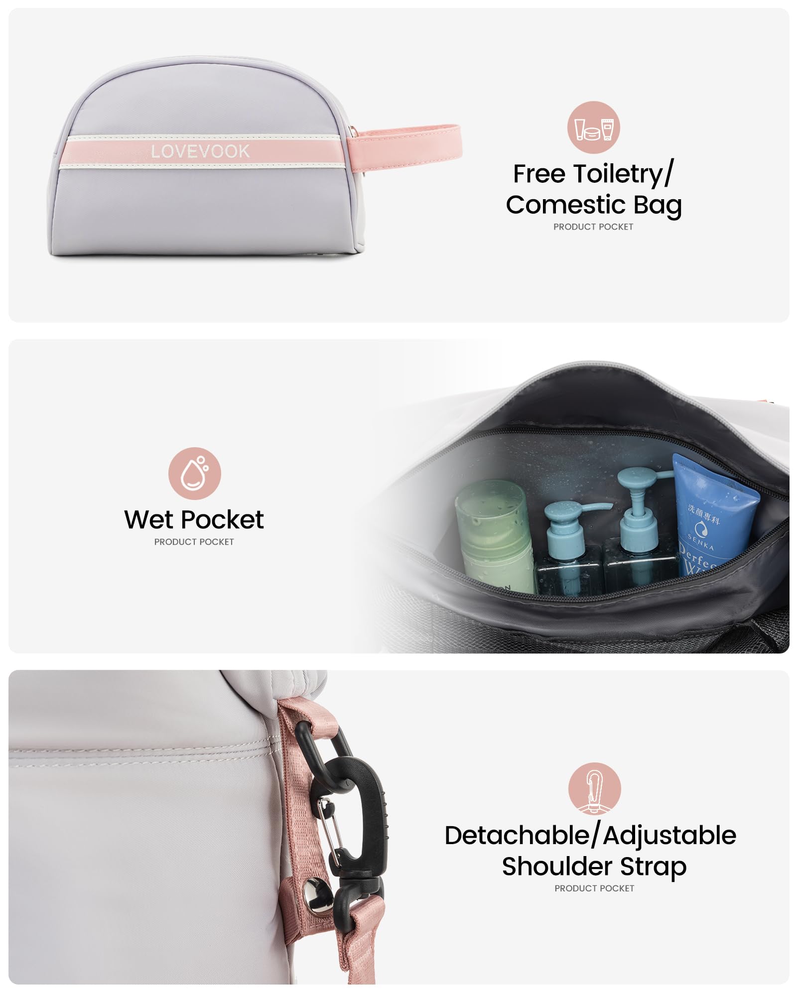 LOVEVOOK Borsa da viaggio da donna, sportiva, borsa da viaggio, borsa da palestra, aereo, grigio e rosa, M-30L, moderno