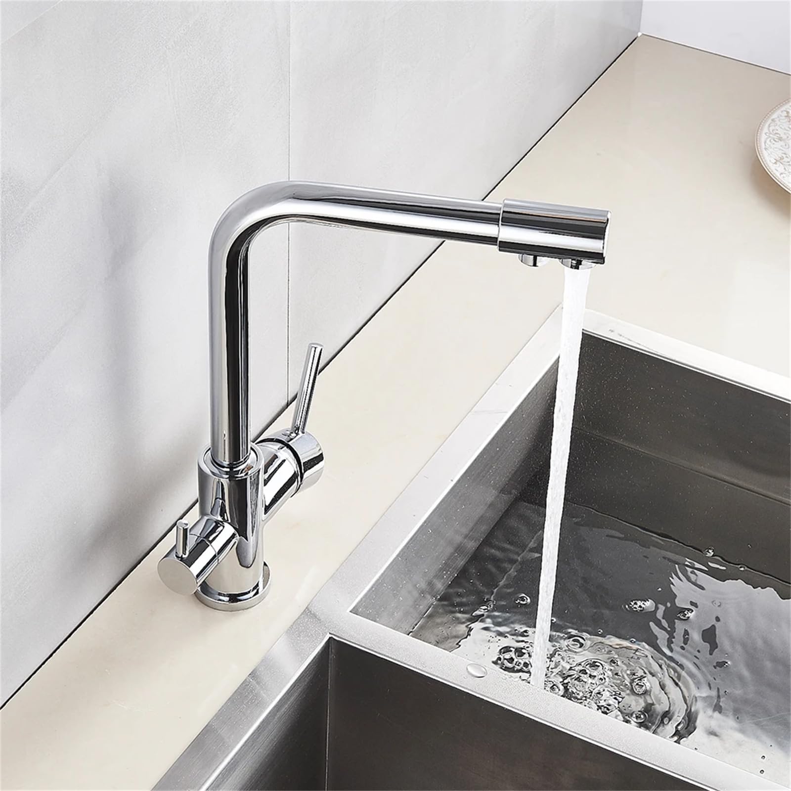 Grifo de cocina, grifo de latón cromado, agua purificada, grifo de cocina, grifo, filtro de agua, grifo, montaje en encimera, manijas dobles, grifos de agua fría y caliente, grifo de latón antigu
