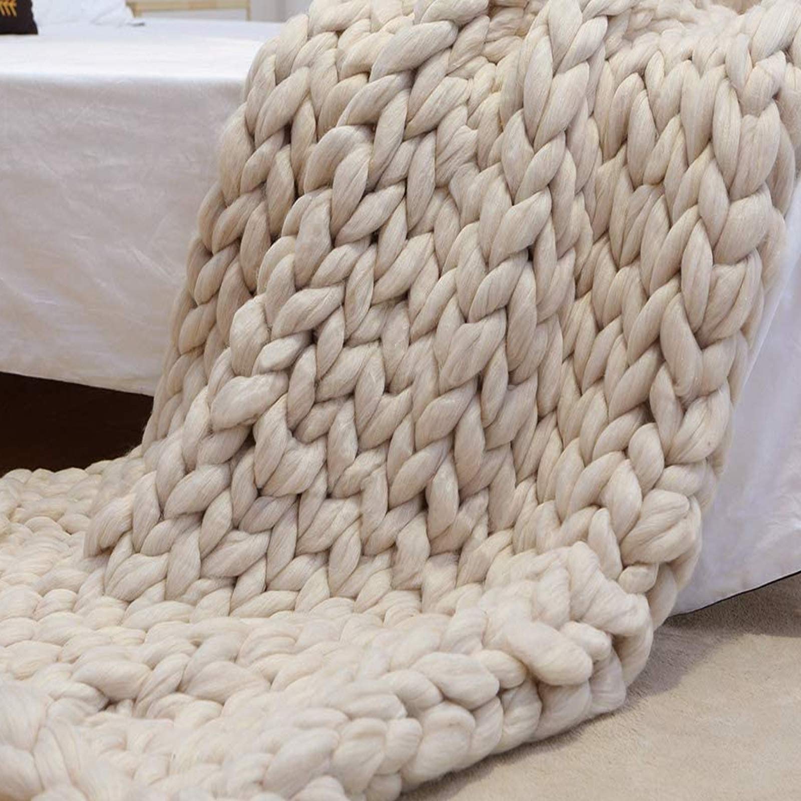 BWBG Grob Decke Gestrickte Kuscheldecke beige, Grobstrick Wolldecke Strickdecke 6cm Breit Gestrickt Tagesdecke Überwurf Sofa Decke Zuhause Dekor