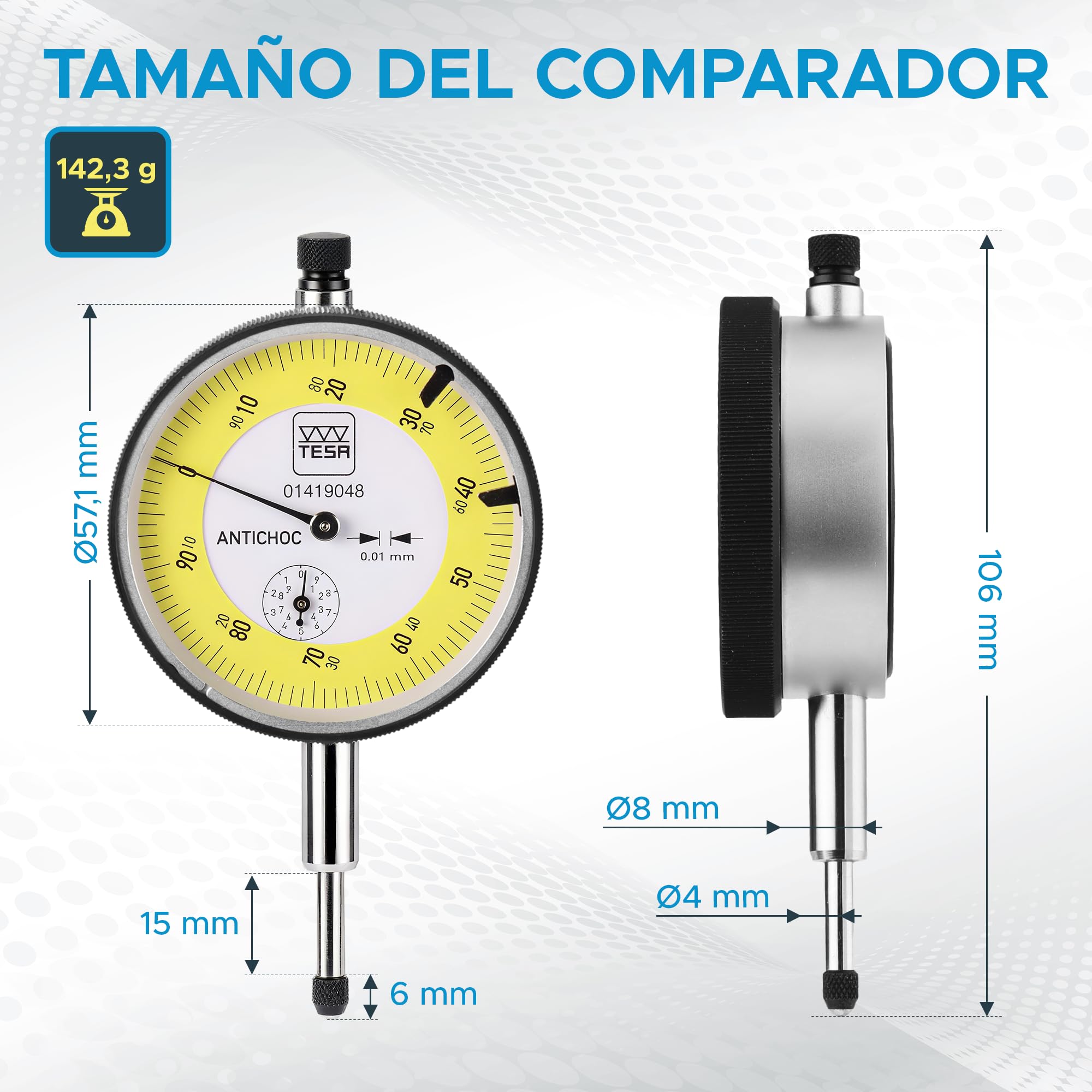 Tesa 01419048 electrónico y analógico Dial Calibre, esfera ø 58 mm, lectura 0,01 mm – estándar y largo viaje, rango de medición 10 mm, Analógico escala intervalo 0,01 mm